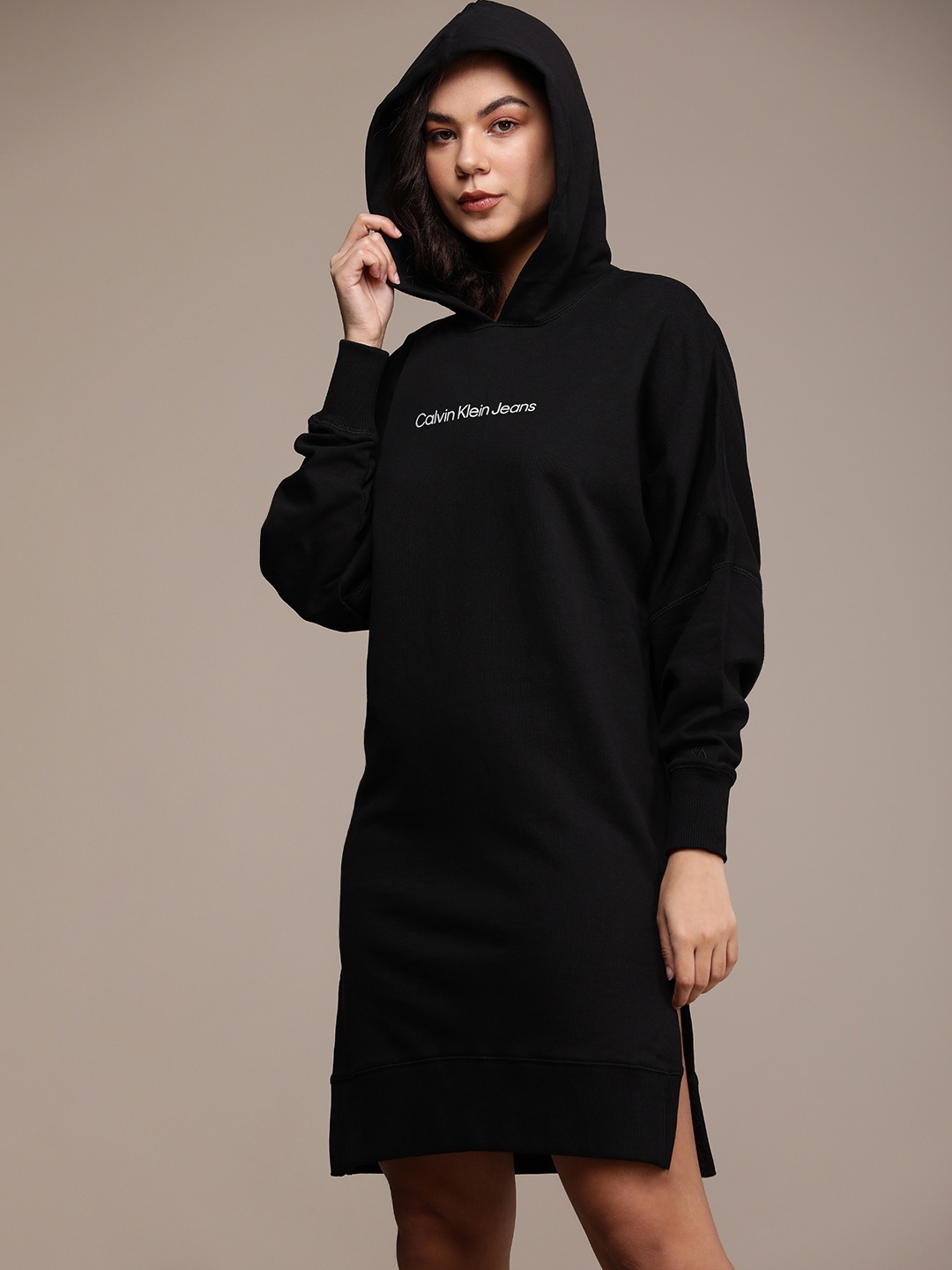 

Calvin Klein Jeans Above Knee Length Long Sleeves Hooded Dress With Side Slit Detailing, Black