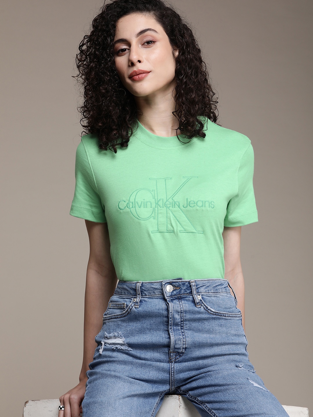 

Calvin Klein Jeans Women Pure Cotton Brand Logo Printed T-shirt, Green