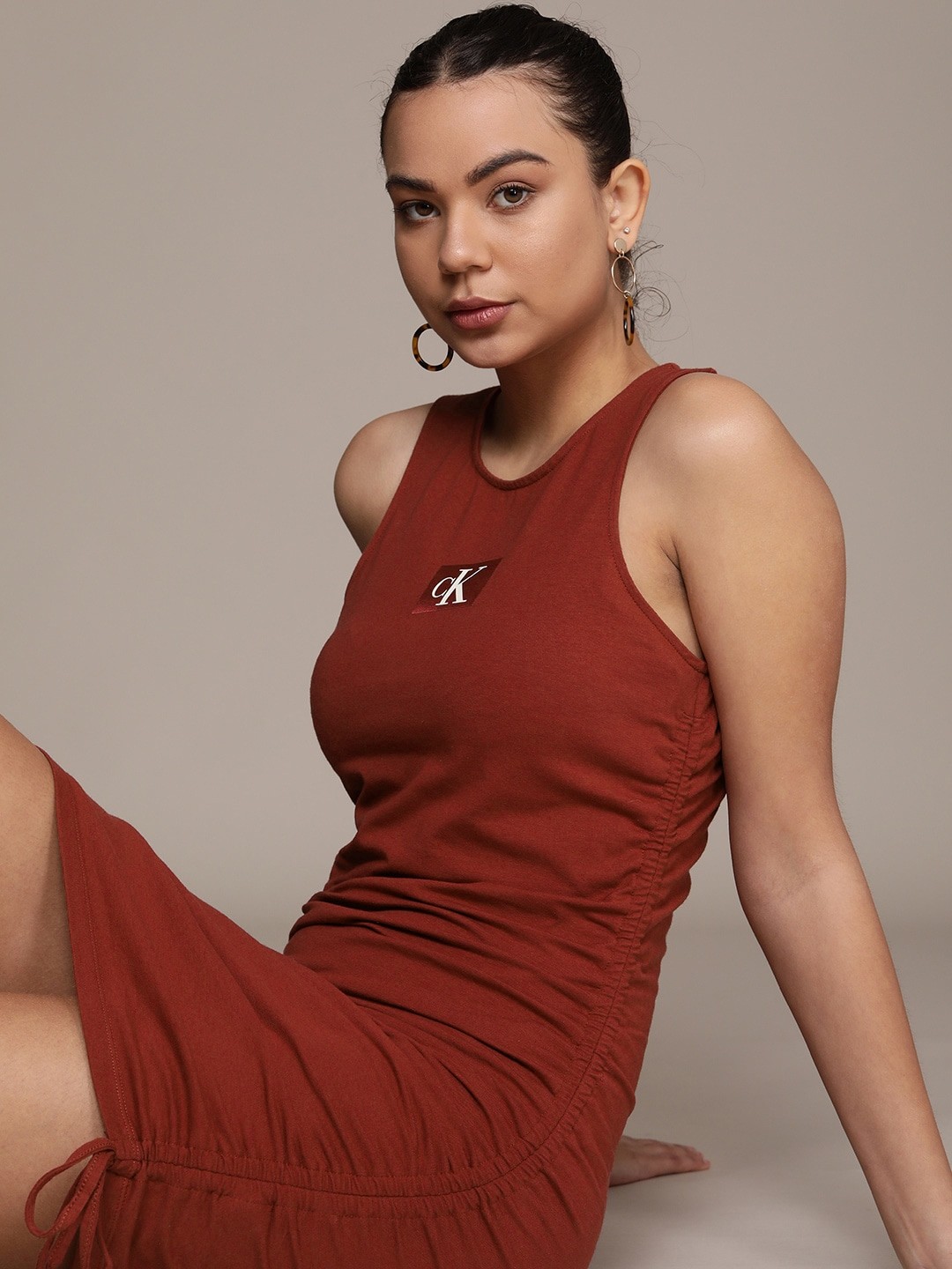 

Calvin Klein Jeans Brand Logo Detail Smocked Bodycon Mini Dress, Maroon