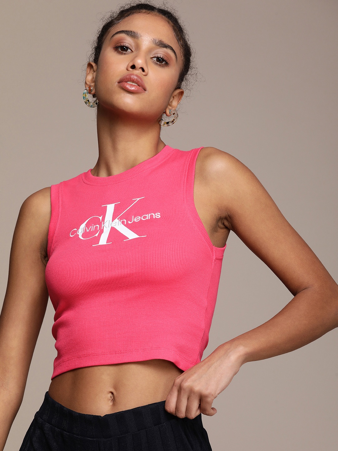 

Calvin Klein Jeans Ribbed Brand Logo Print Crop Top, Fuchsia