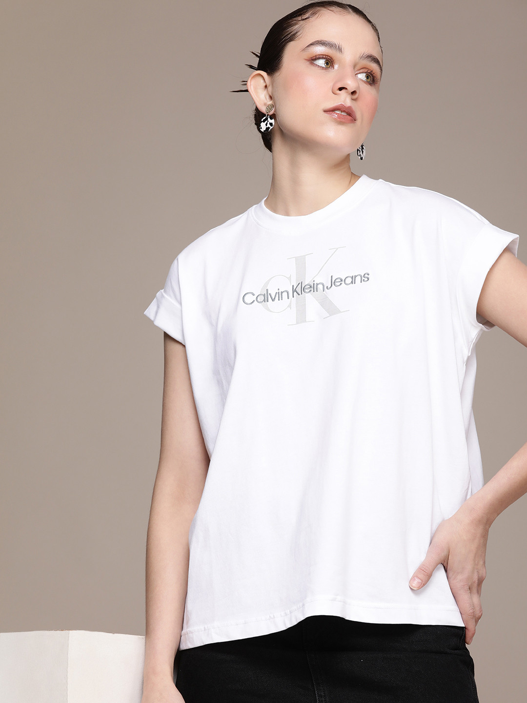 

Calvin Klein Jeans Brand Logo Printed Extended Sleeves Pure Cotton T-shirt, White