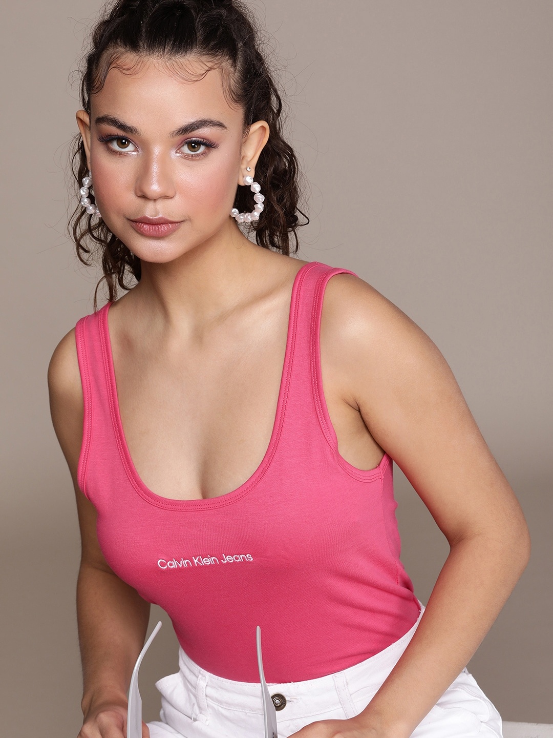 Calvin Klein Jeans Pure Cotton Brand Logo Top, Pink