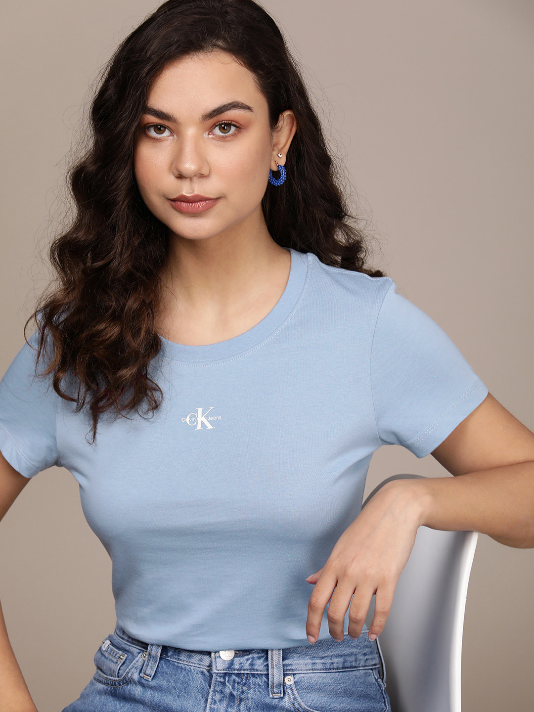 

Calvin Klein Jeans Women Brand Logo Slim Fit T-shirt, Blue