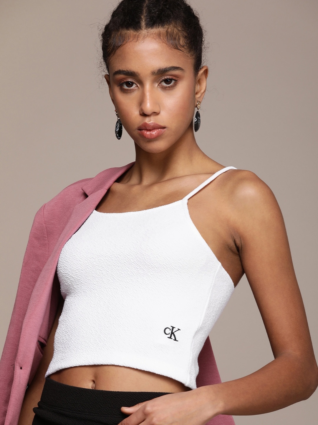 

Calvin Klein Jeans Self Design Ribbed Shoulder Straps Crop Top With Brand Logo Detail, White