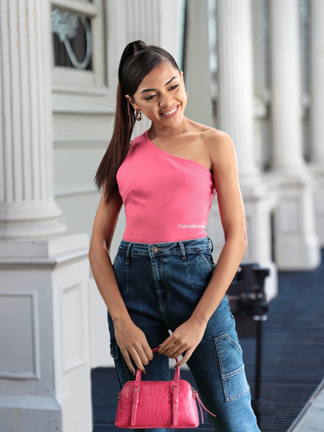 

Calvin Klein Jeans Brand Logo Embroidered One Shoulder Fitted Top, Pink