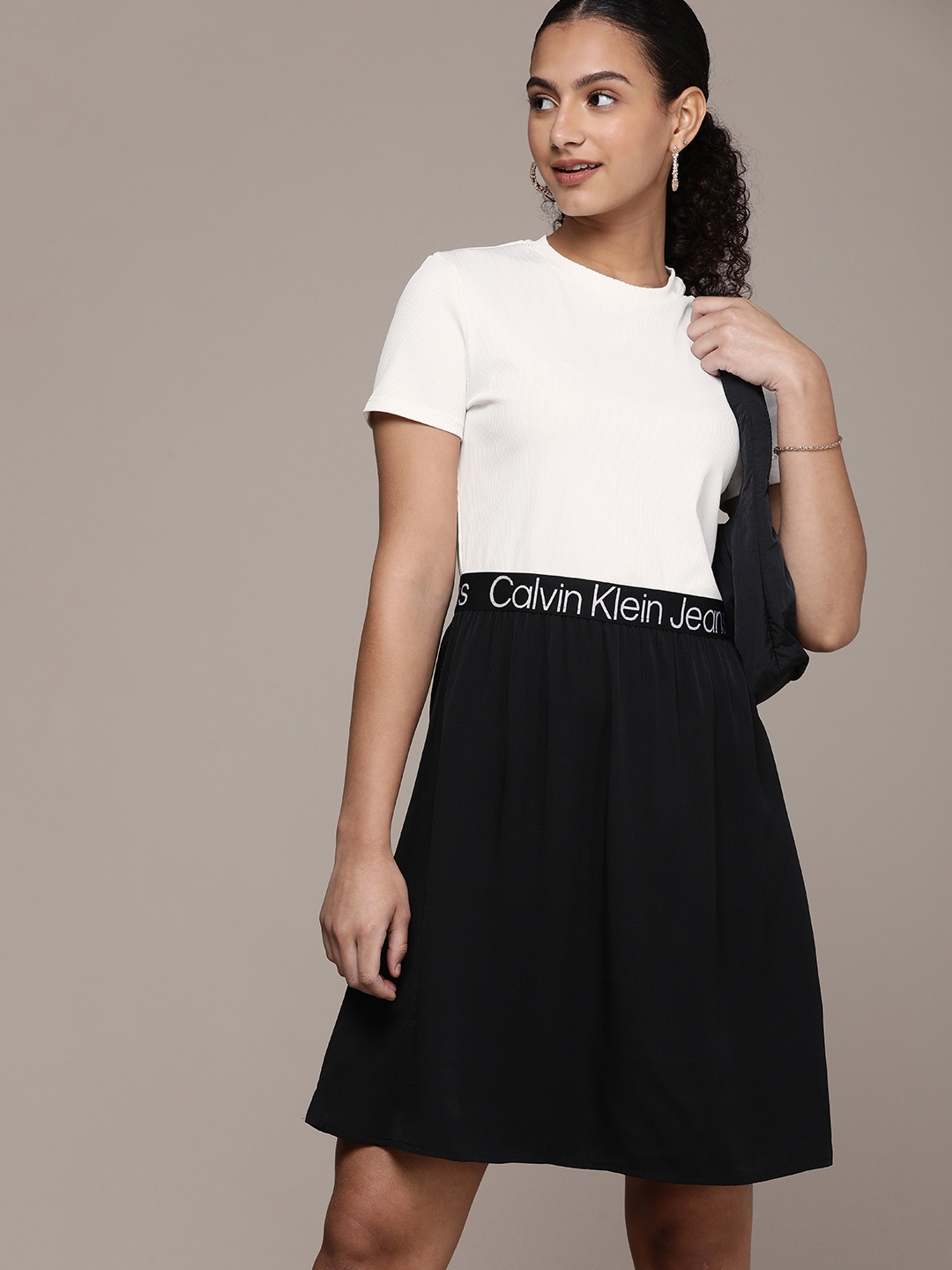 

Calvin Klein Jeans Colourblocked Fit & Flare Dress With Brand logo Detail, White