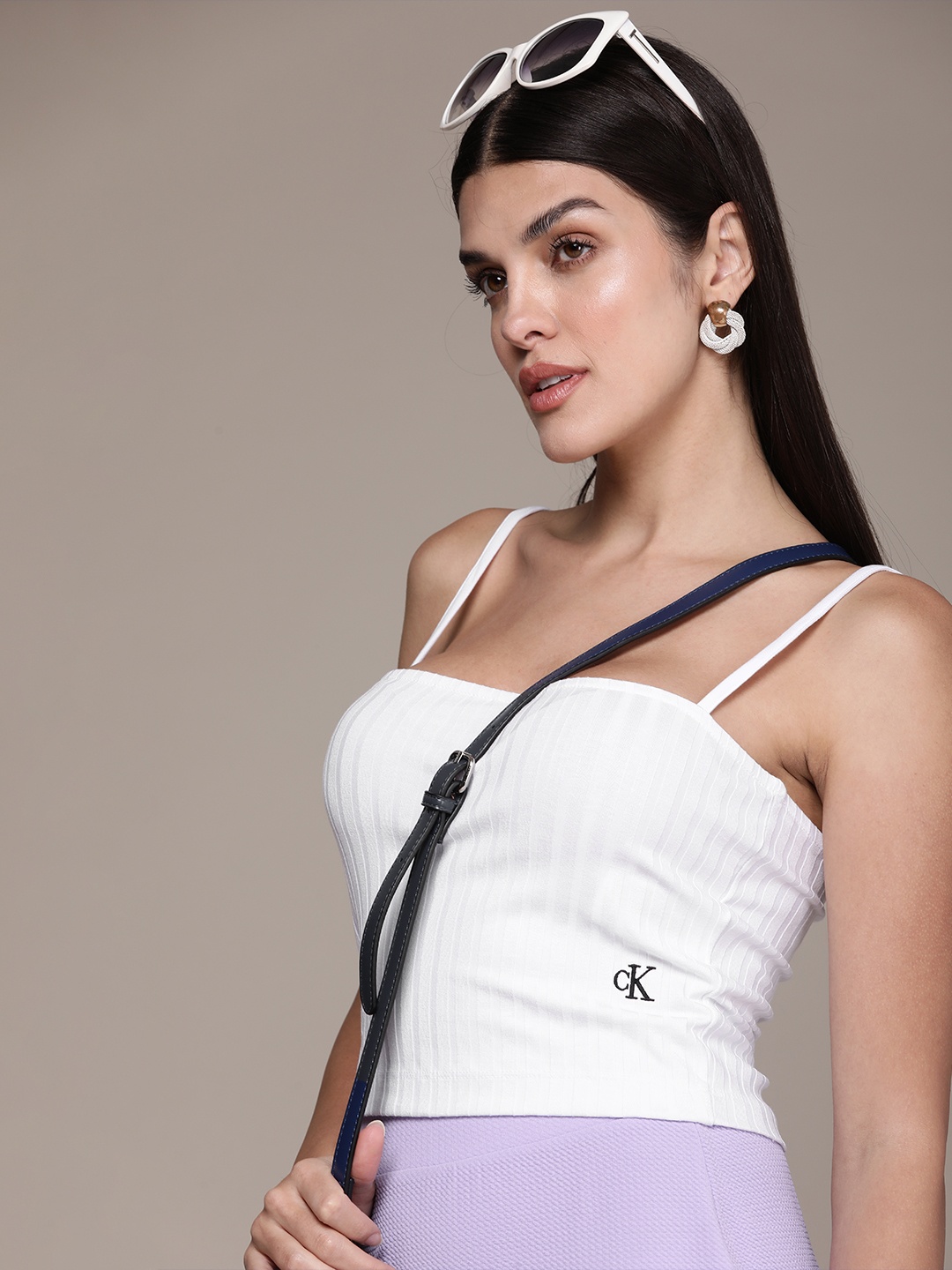 

Calvin Klein Jeans Ribbed Shoulder Strap Crop Top, White