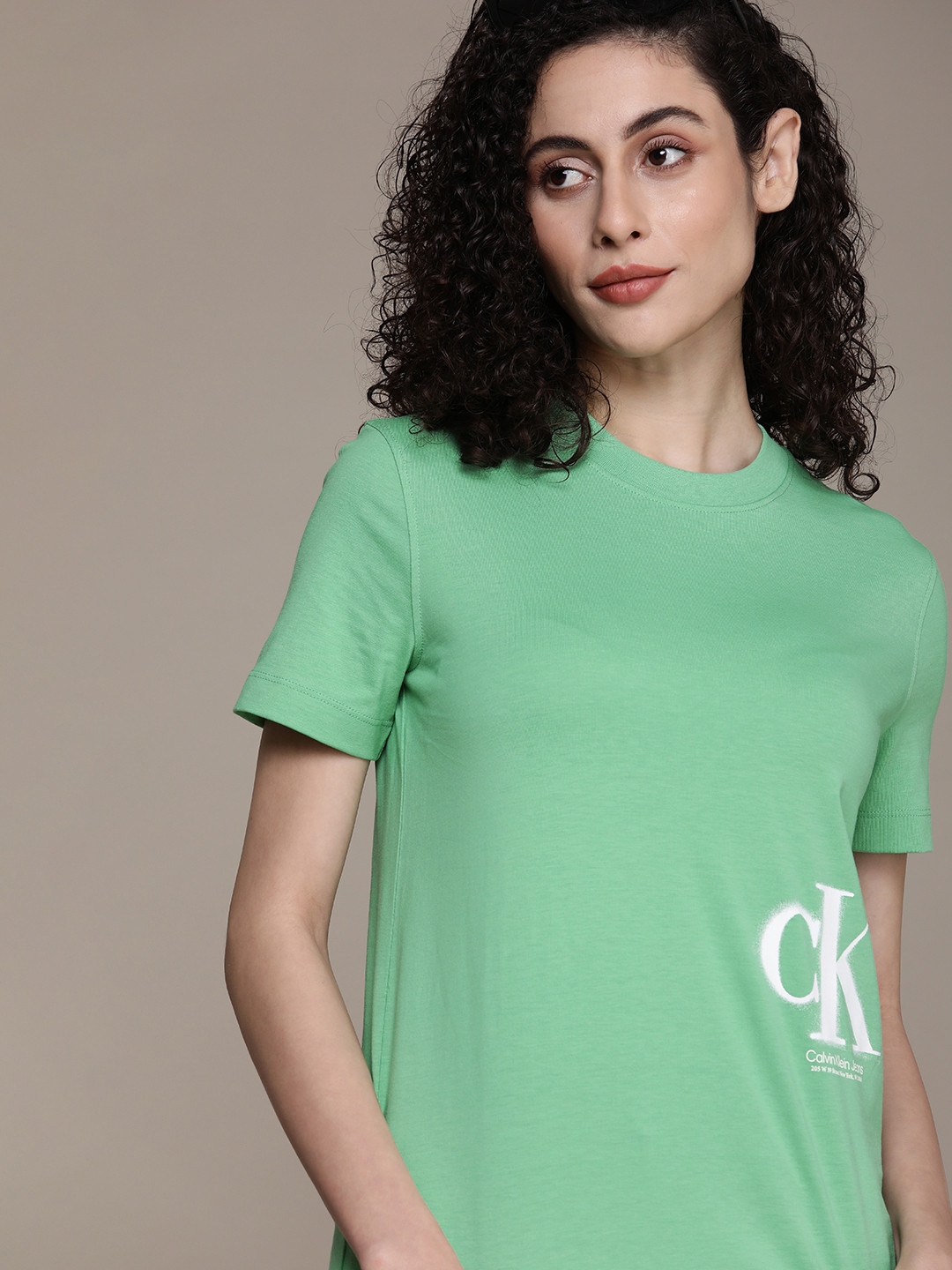

Calvin Klein Jeans Women Pure Cotton Brand Logo Printed T-shirt, Green