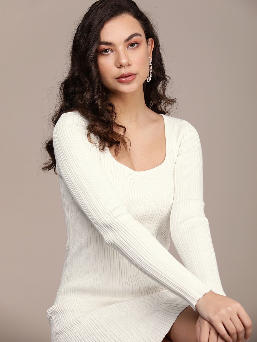 

Calvin Klein Jeans Long Sleeves Ribbed Sweater Dress, Cream
