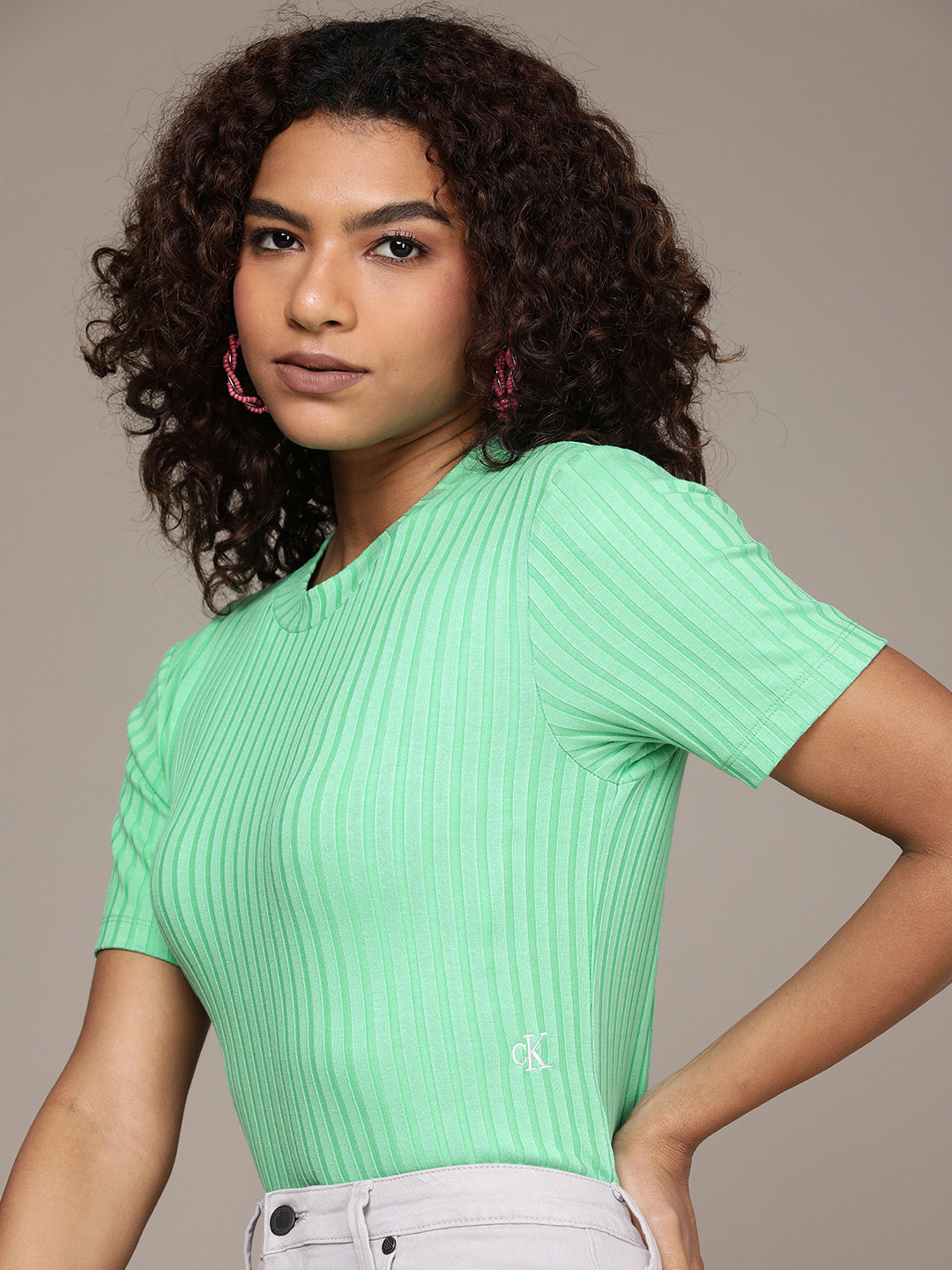 

Calvin Klein Jeans Women Striped Self Design Knitted T-shirt, Green