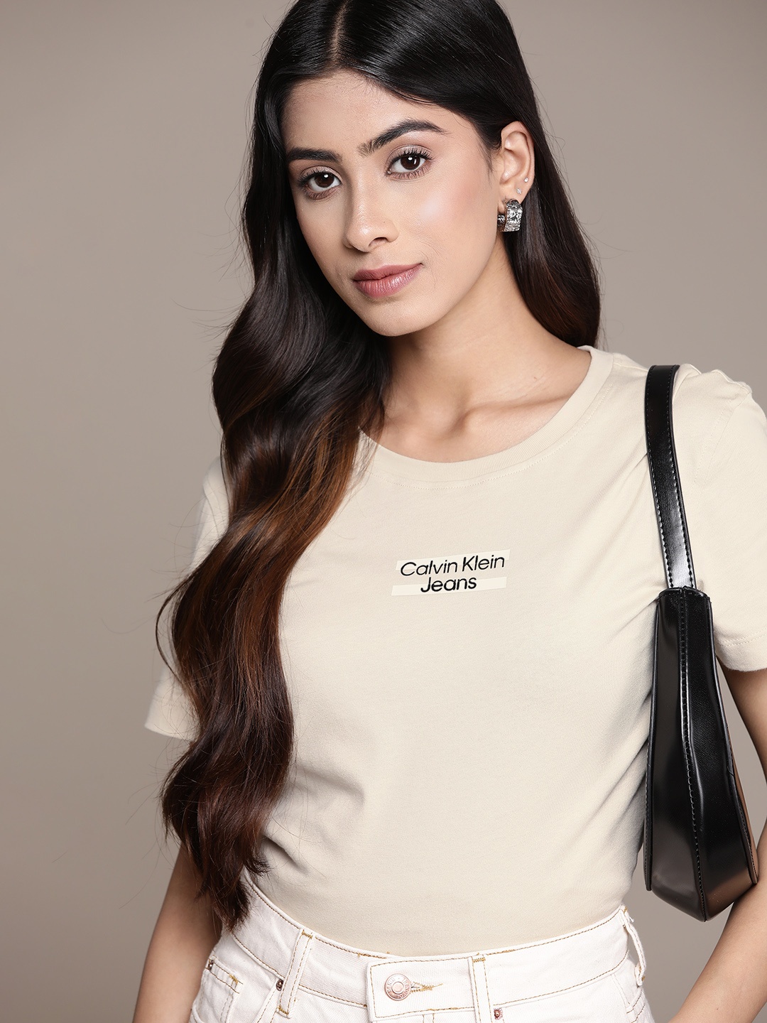 

Calvin Klein Jeans Brand Logo Printed Pure Cotton T-shirt, Beige