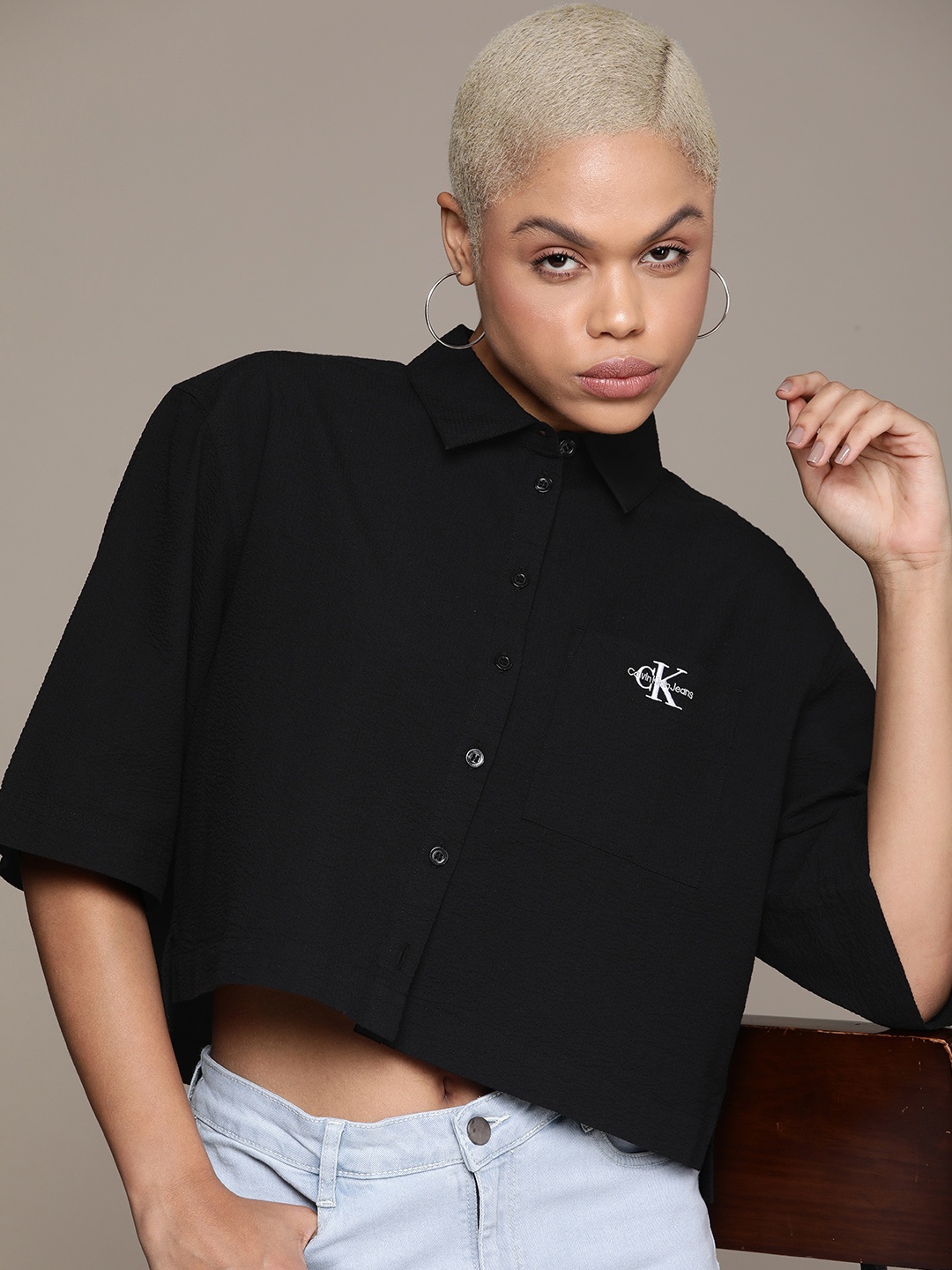 

Calvin Klein Jeans Women Pure Cotton Self Design Textured Boxy Casual Shirt, Black