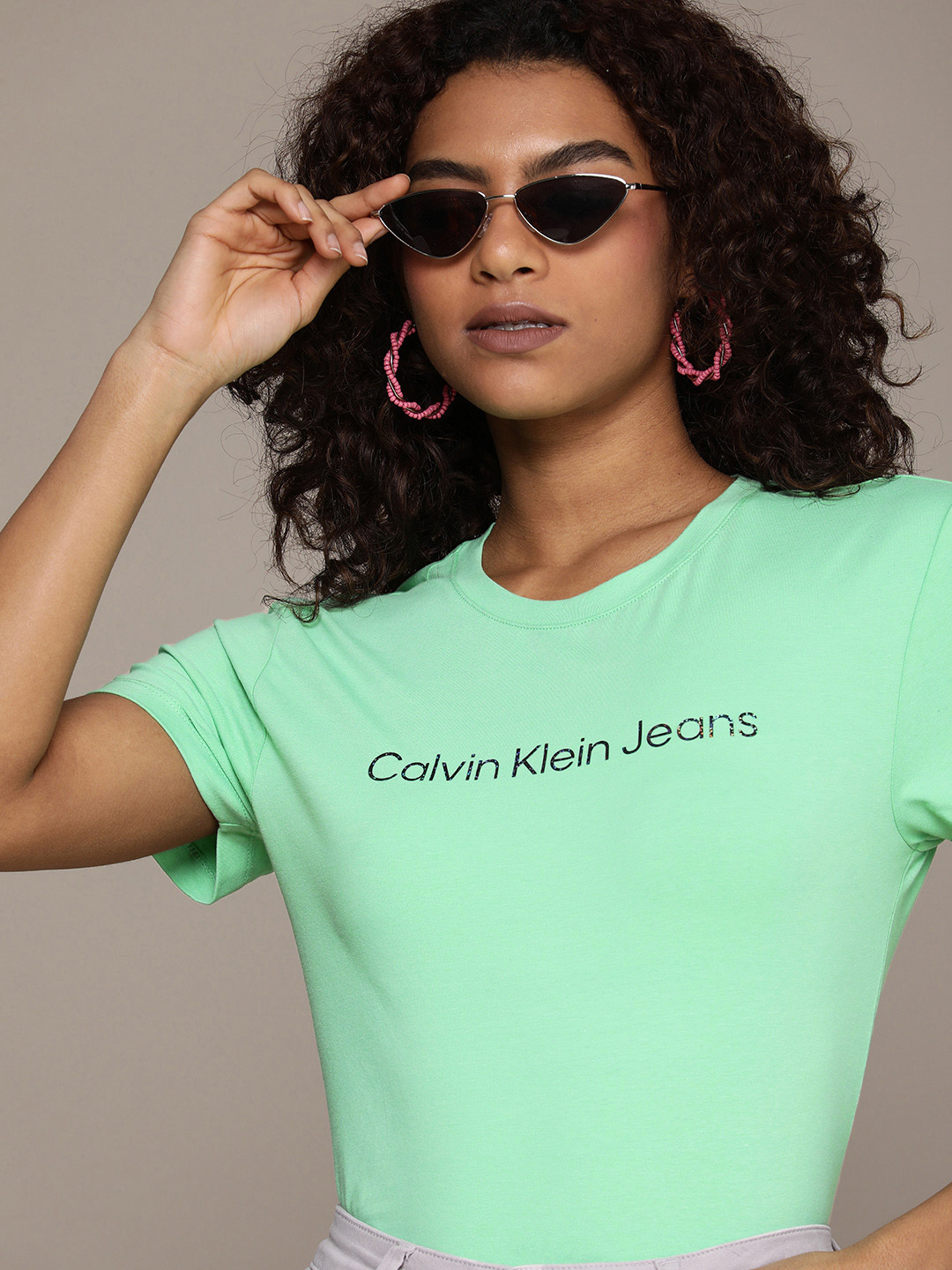 

Calvin Klein Jeans Women Brand Logo Print Knitted Slim Fit T-shirt, Green