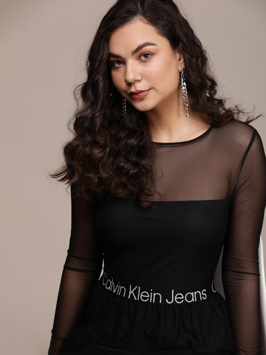 

Calvin Klein Jeans Fit & Flare Dress With Brand Logo Waist Band, Black