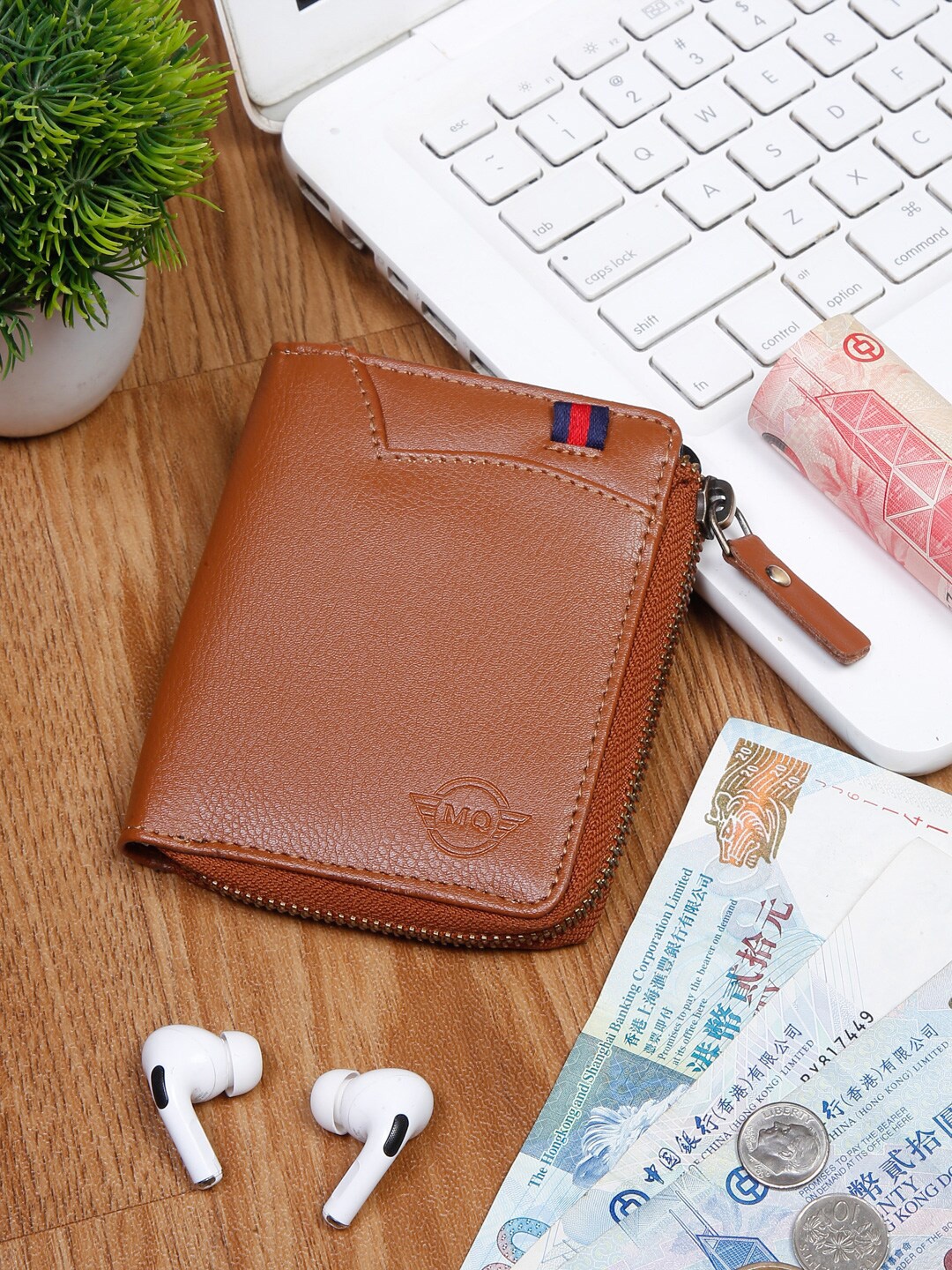 

MUTAQINOTI Men Colourblocked Leather Zip Around Wallet, Tan