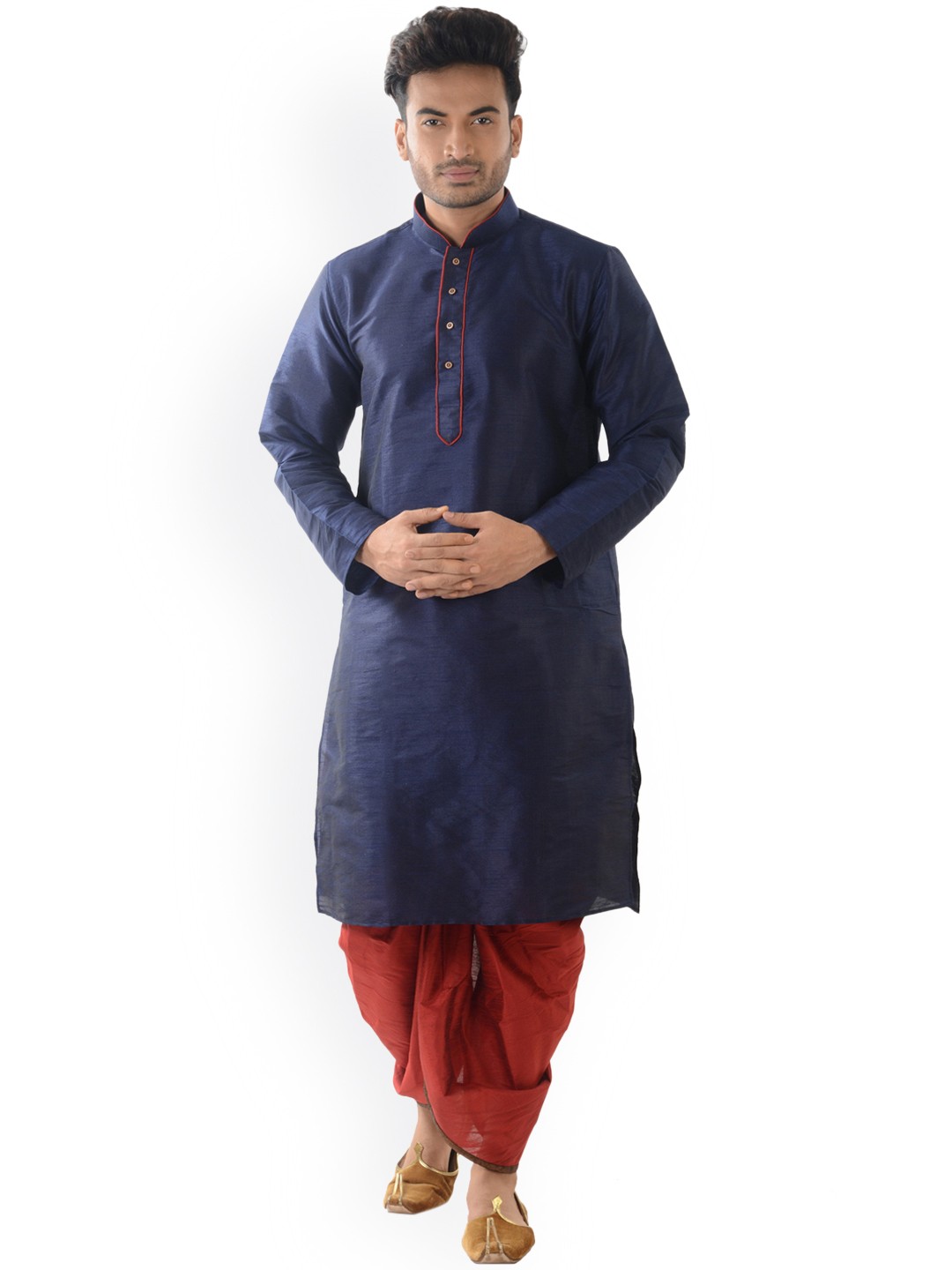 

DEYANN Men Navy Blue & Red Solid Kurta with Dhoti Pants