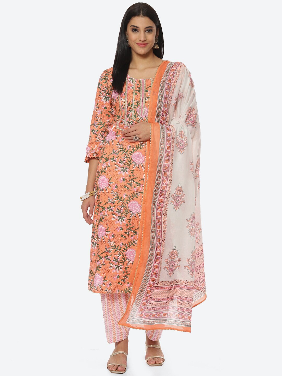 

Biba Printed Unstitched Dress Material, Peach
