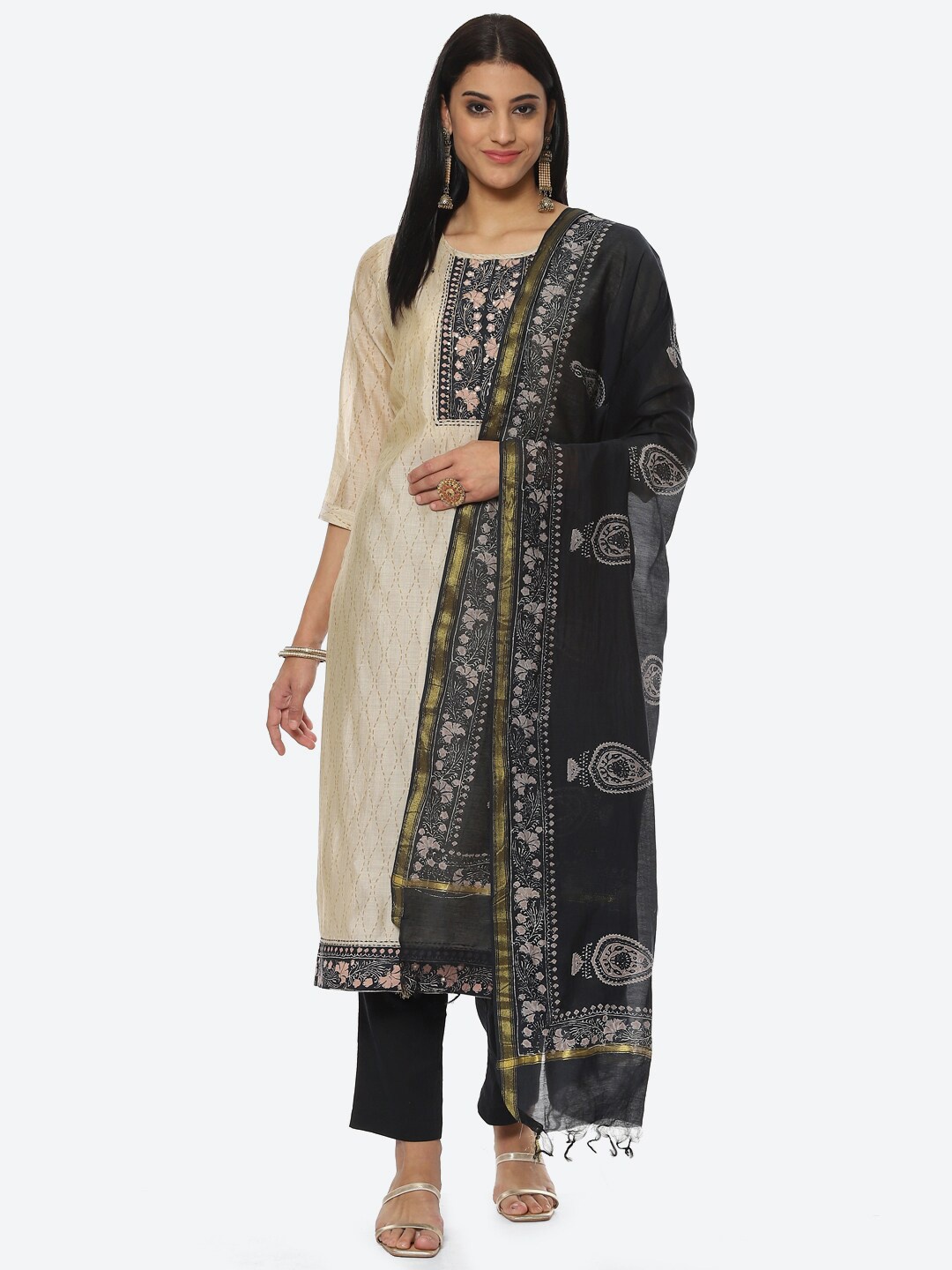 

Biba Ethnic Motifs Block Print Unstitched Dress Material, Beige