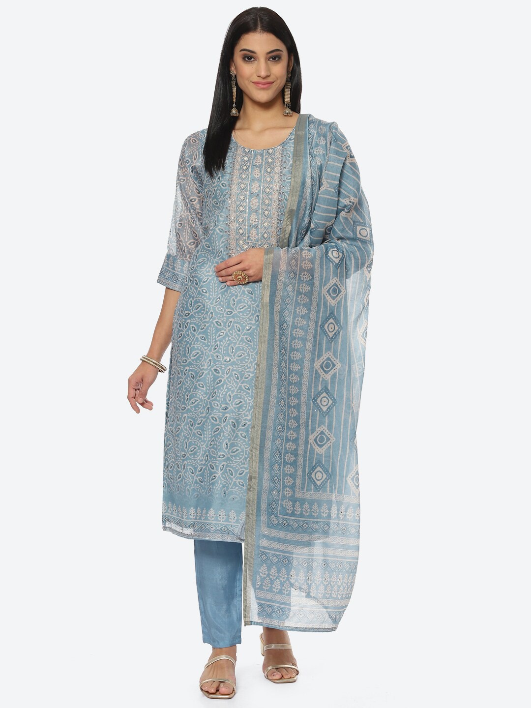 

Biba Printed Unstitched Dress Material, Blue