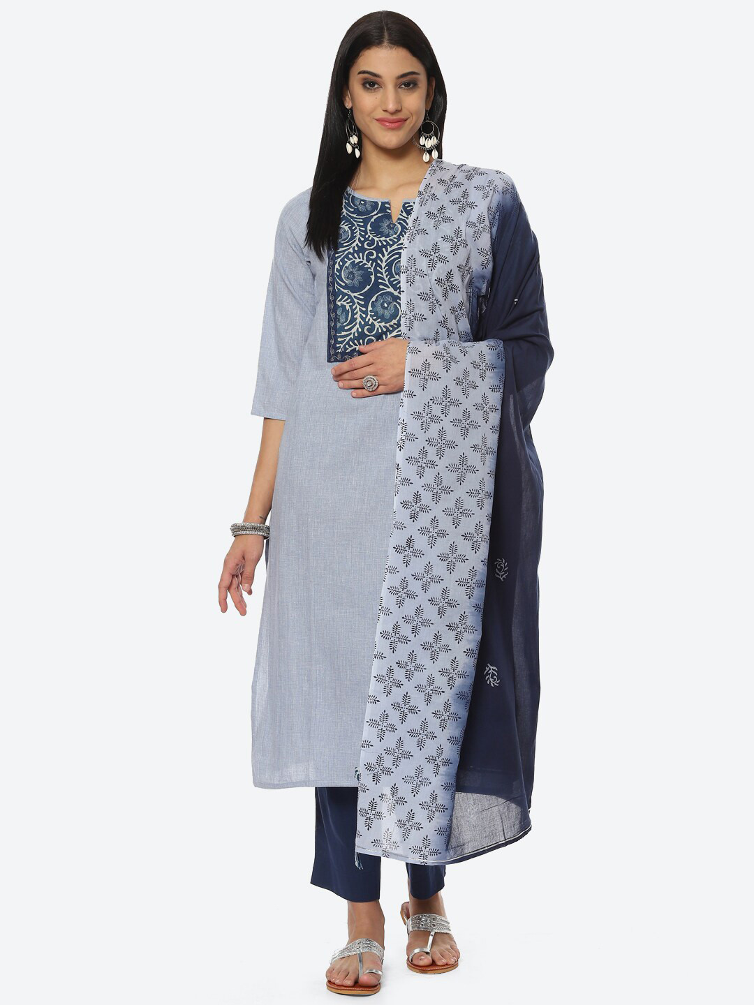 

Biba Printed Unstitched Block Print Dress Material, Blue