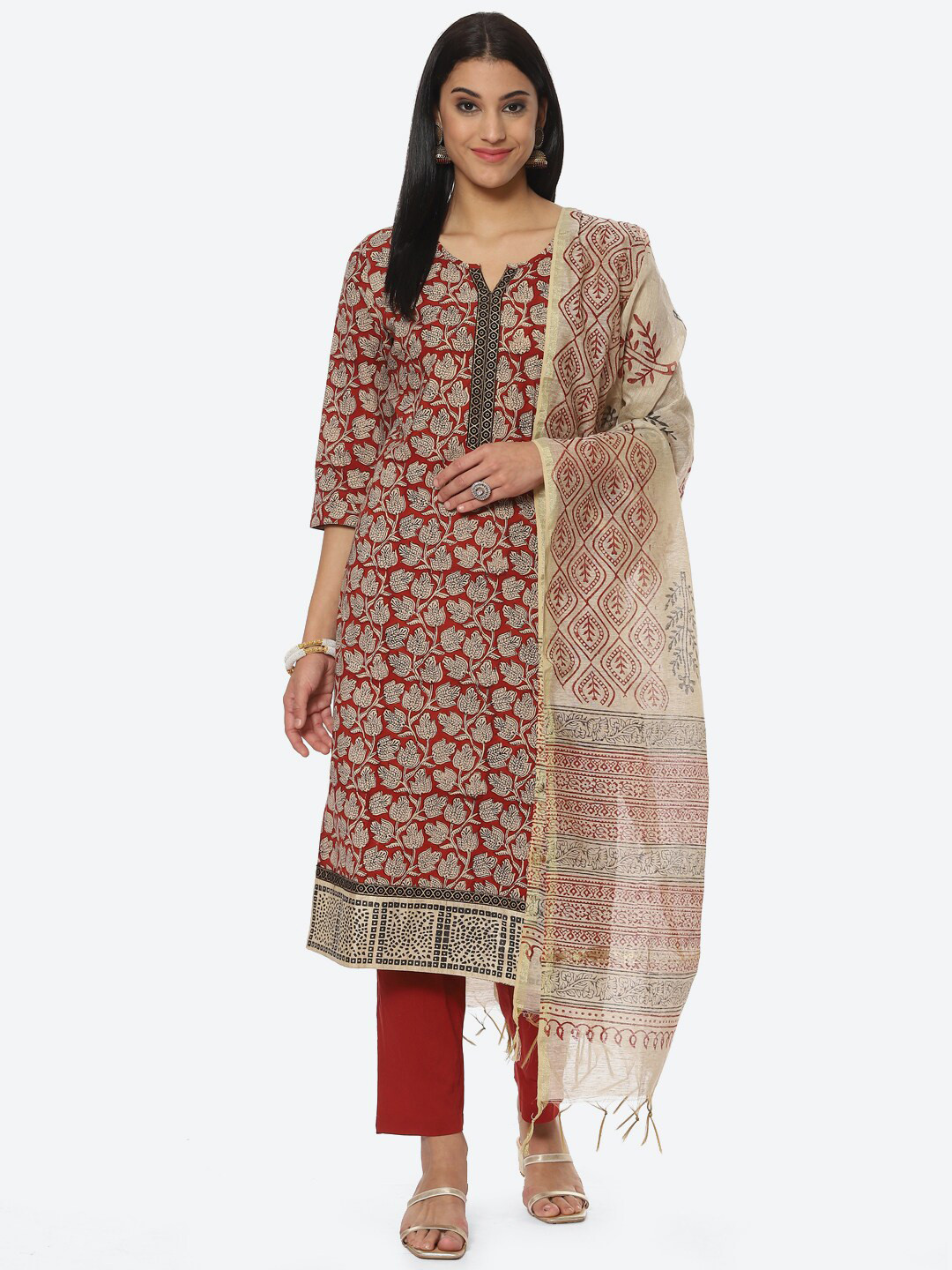 

Biba Printed Unstitched Dress Material, Maroon