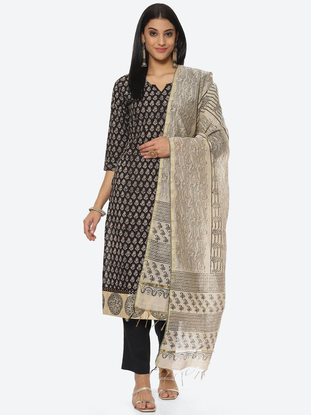 

Biba Printed Unstitched Dress Material, Black