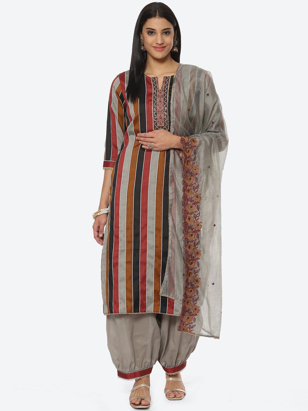 

Biba Striped Unstitched Dress Material, Grey