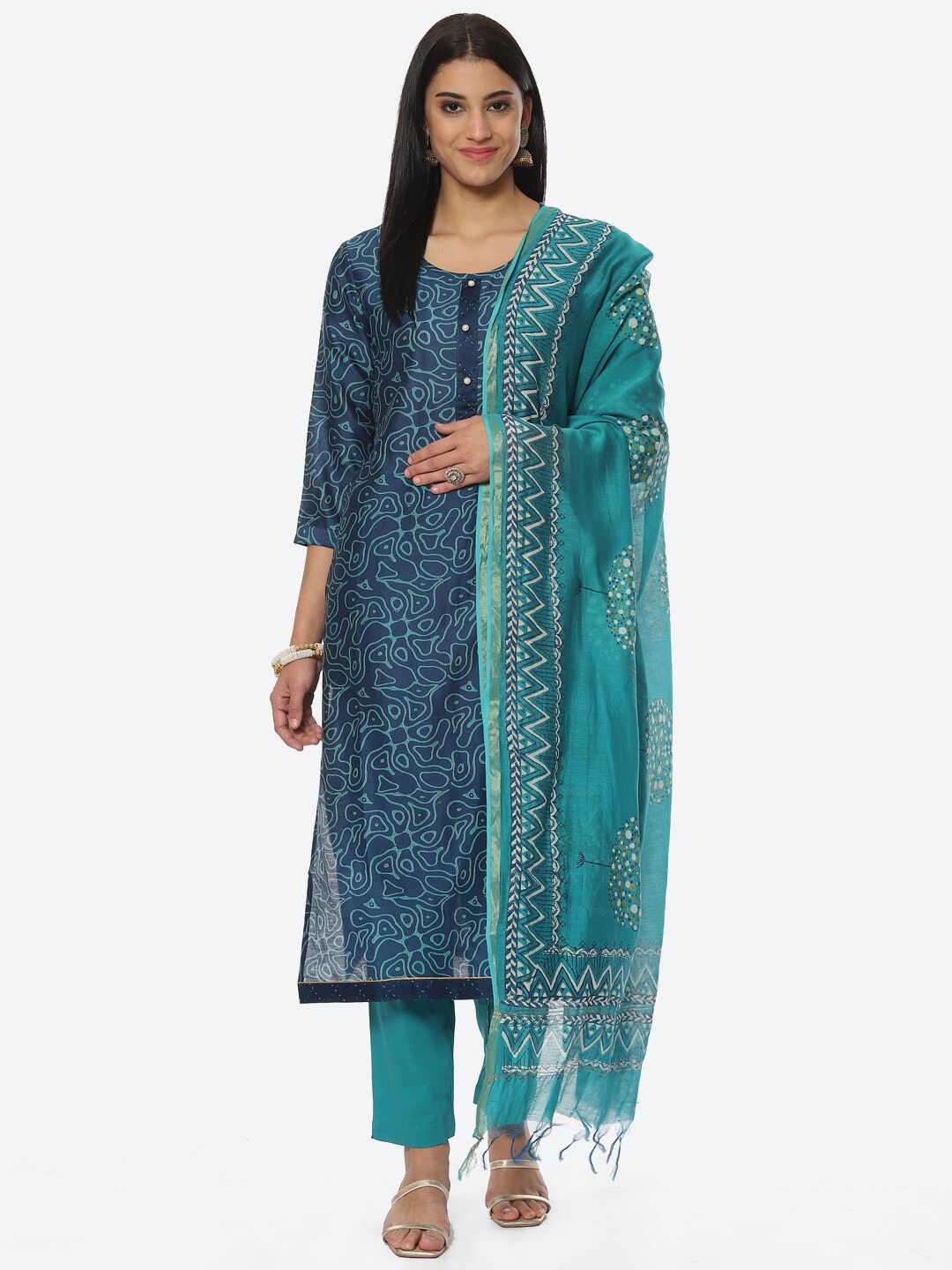 

Biba Geometric Printed Unstitched Dress Material, Blue