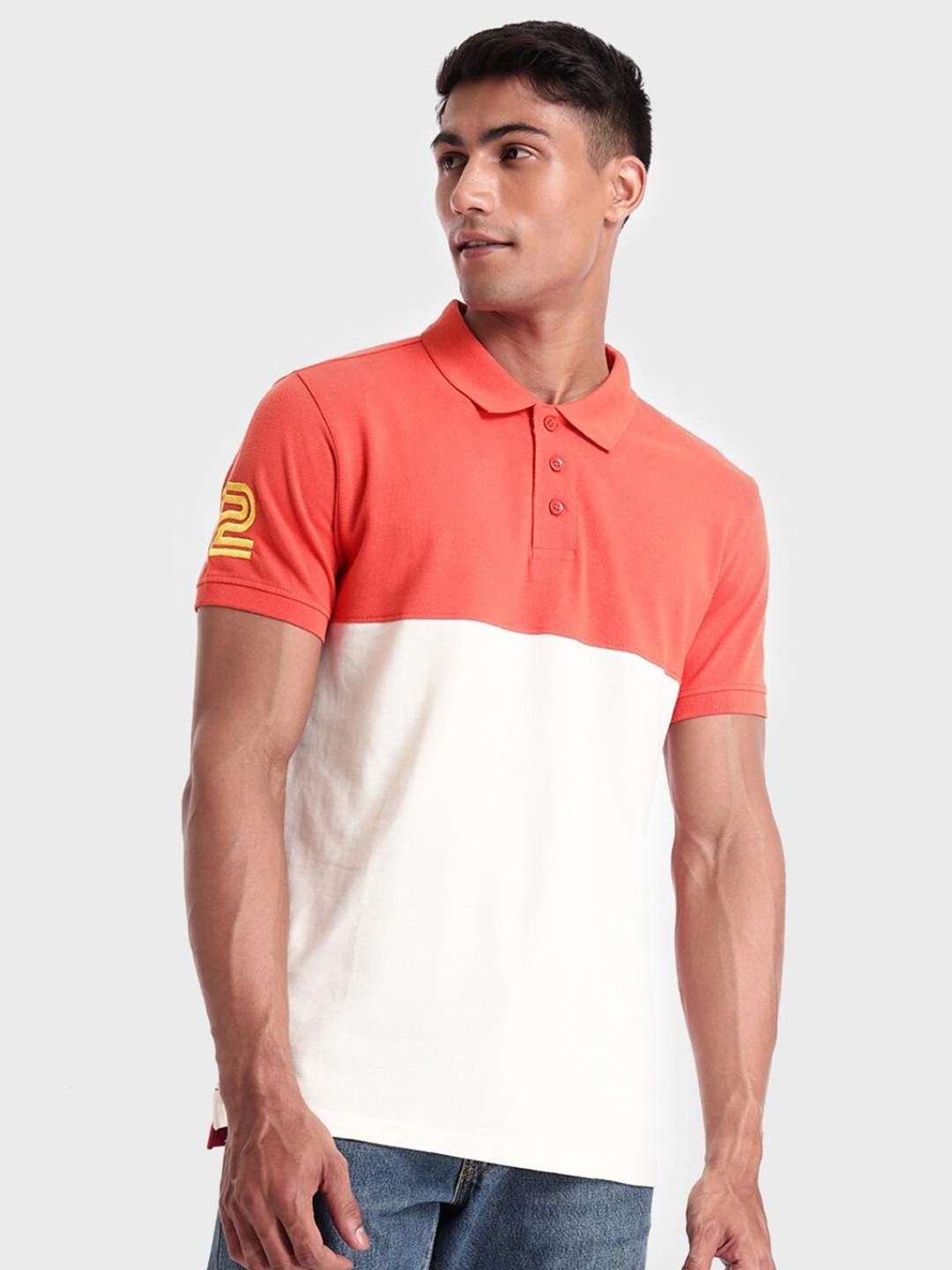 

Bewakoof Men Colourblocked Polo Collar Cotton T-shirt, Orange