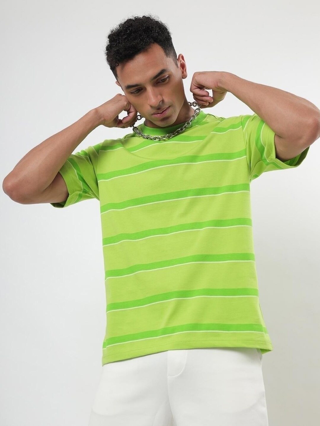 

Bewakoof Men Striped Loose Cotton T-shirt, Green