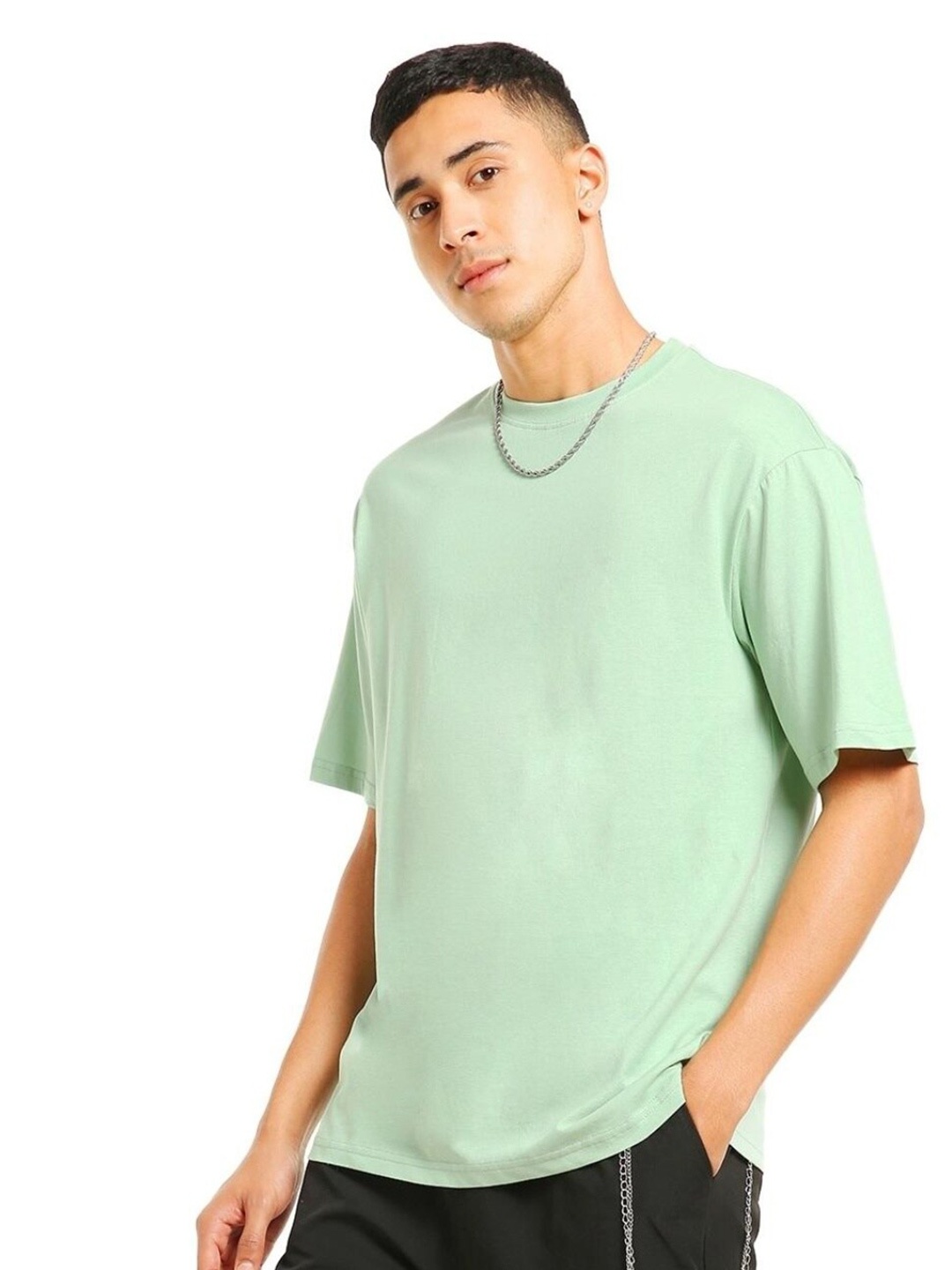 

Bewakoof Men Drop-Shoulder Sleeves Loose Cotton T-shirt, Sea green