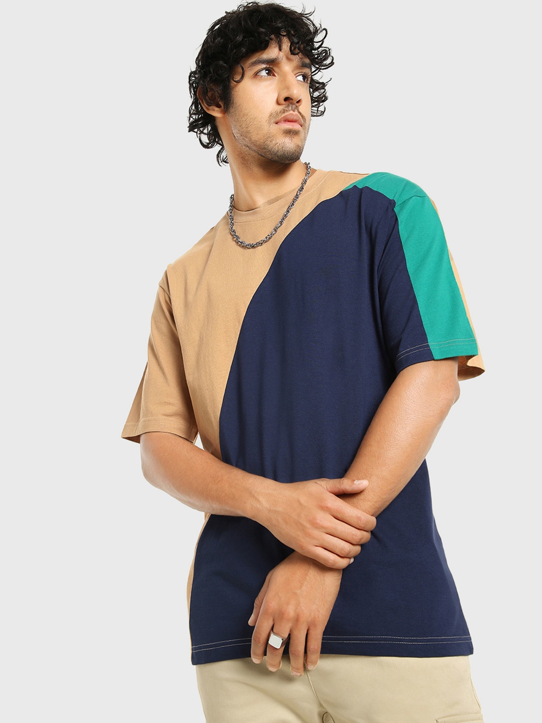 

Bewakoof Men's Color Block Oversized T-shirt, Brown