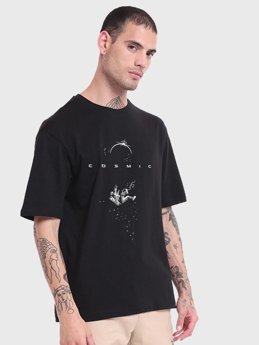 

Bewakoof Men Printed Cotton Loose T-shirt, Black