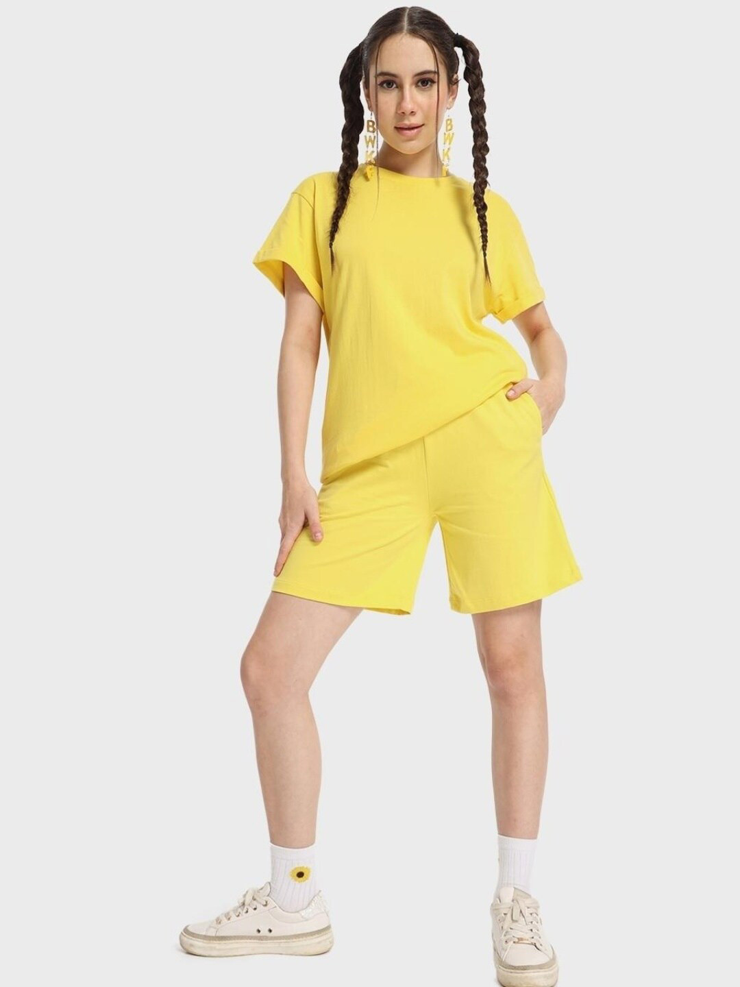 

Bewakoof Women Mid-Rise Regular Fit Cotton Shorts, Yellow