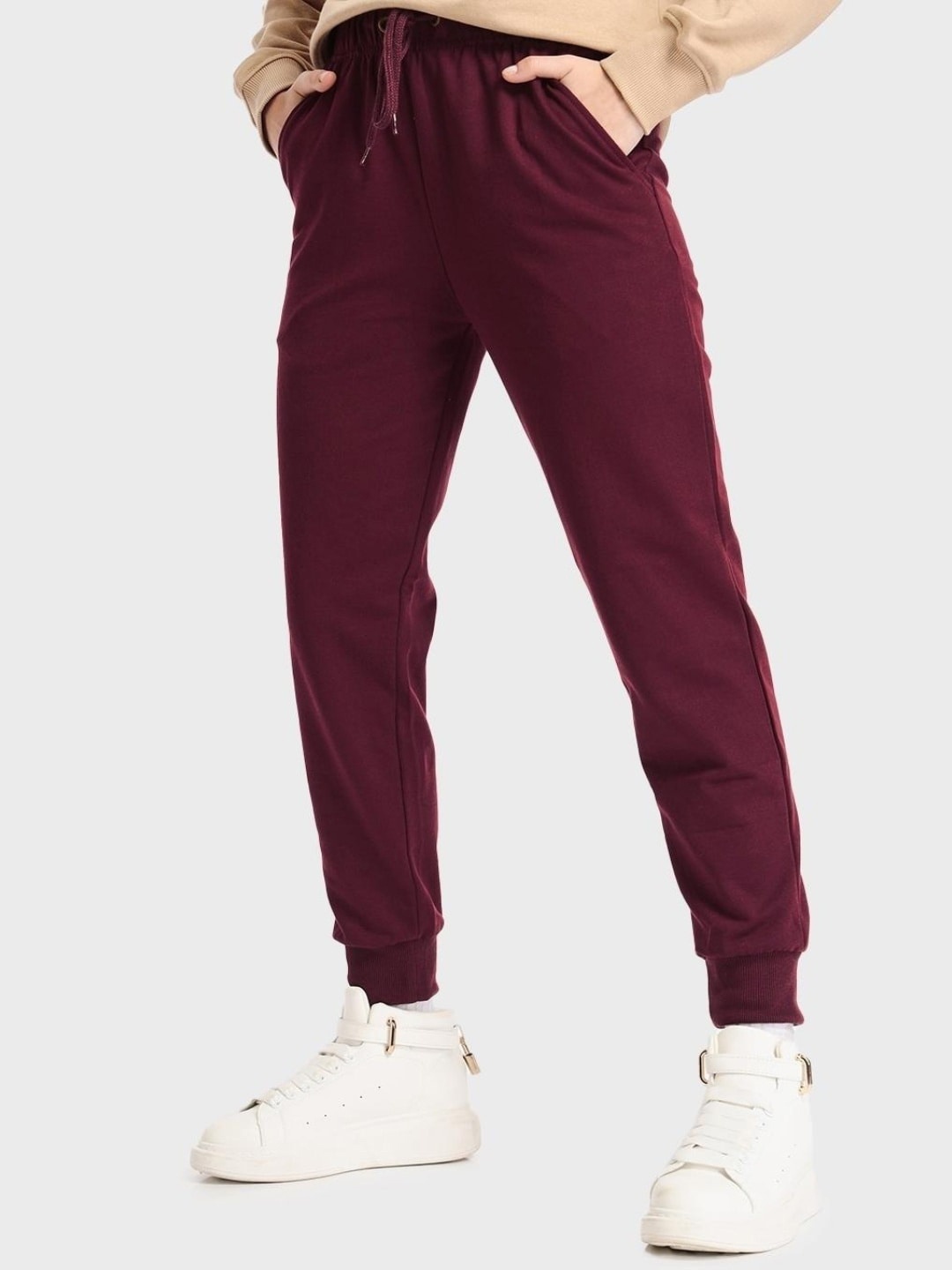 

Bewakoof Women Relaxed-Fit Cotton Joggers, Maroon