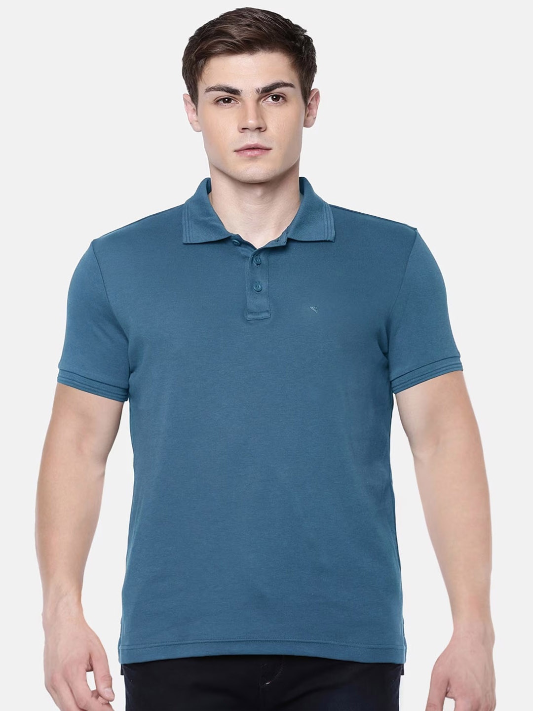

Ramraj Men Blue Polo Collar Slim Fit Pure Cotton T-shirt