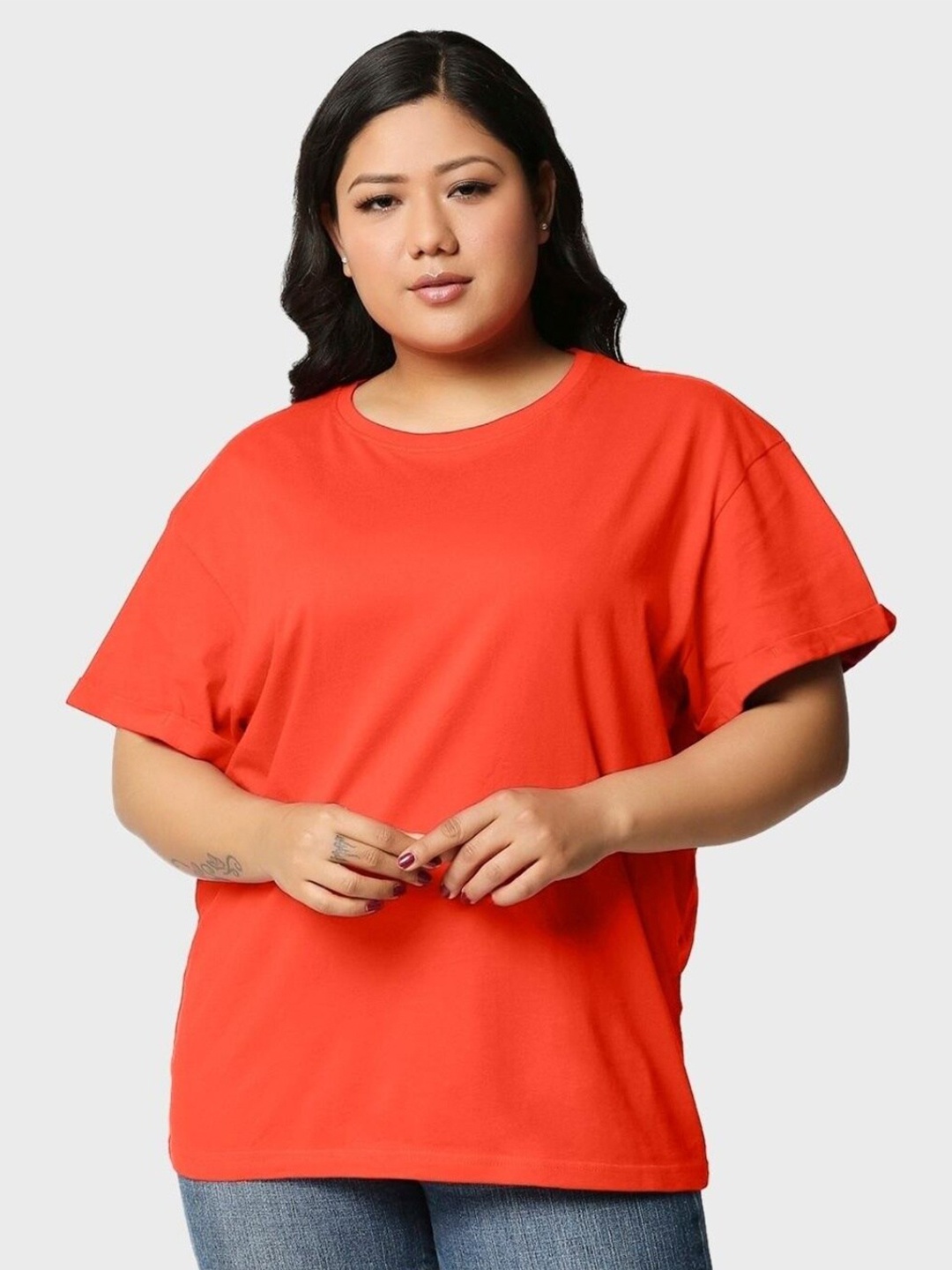 

Bewakoof Plus Women Plus Size Extended Sleeves Loose Cotton T-shirt, Red
