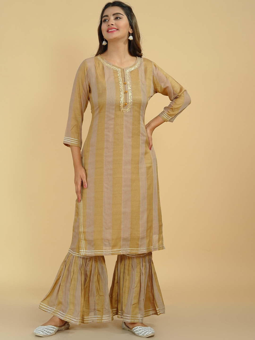 

Tetalee Striped Gotta Patti Chanderi Silk Kurta with Sharara, Beige