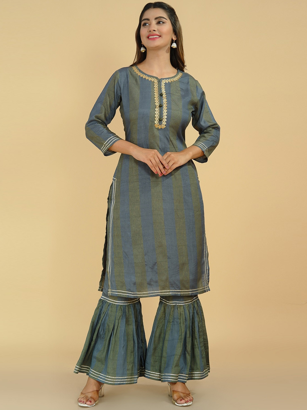 

Tetalee Women Striped Gotta Patti Kurta With Sharara, Grey