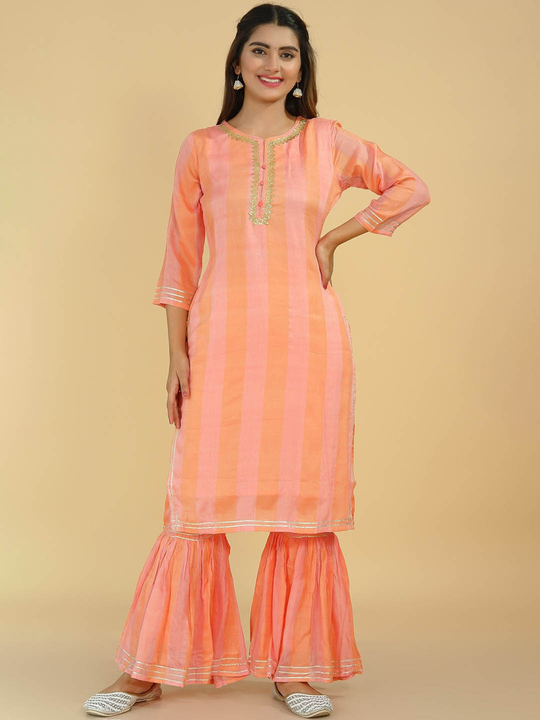 

Tetalee Women Striped Chanderi Silk Kurta with Sharara, Peach