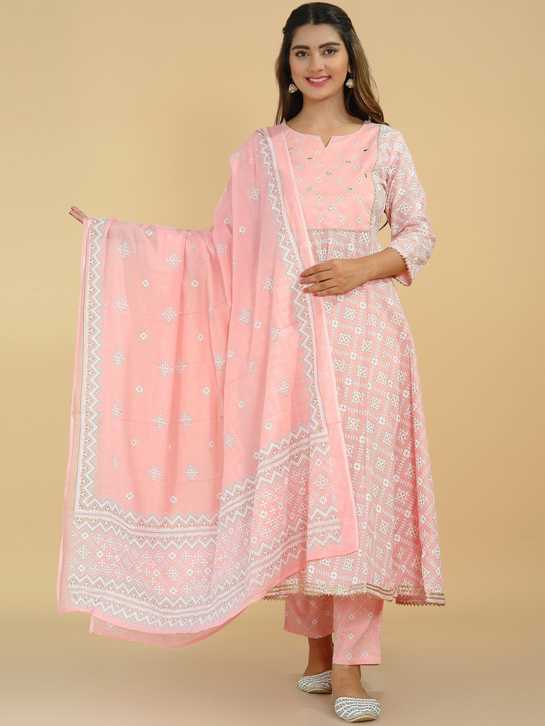 

Tetalee Women Printed Yoke Design Gotta Patti Pure Cotton Kurta With Trousers & Dupatta, Peach