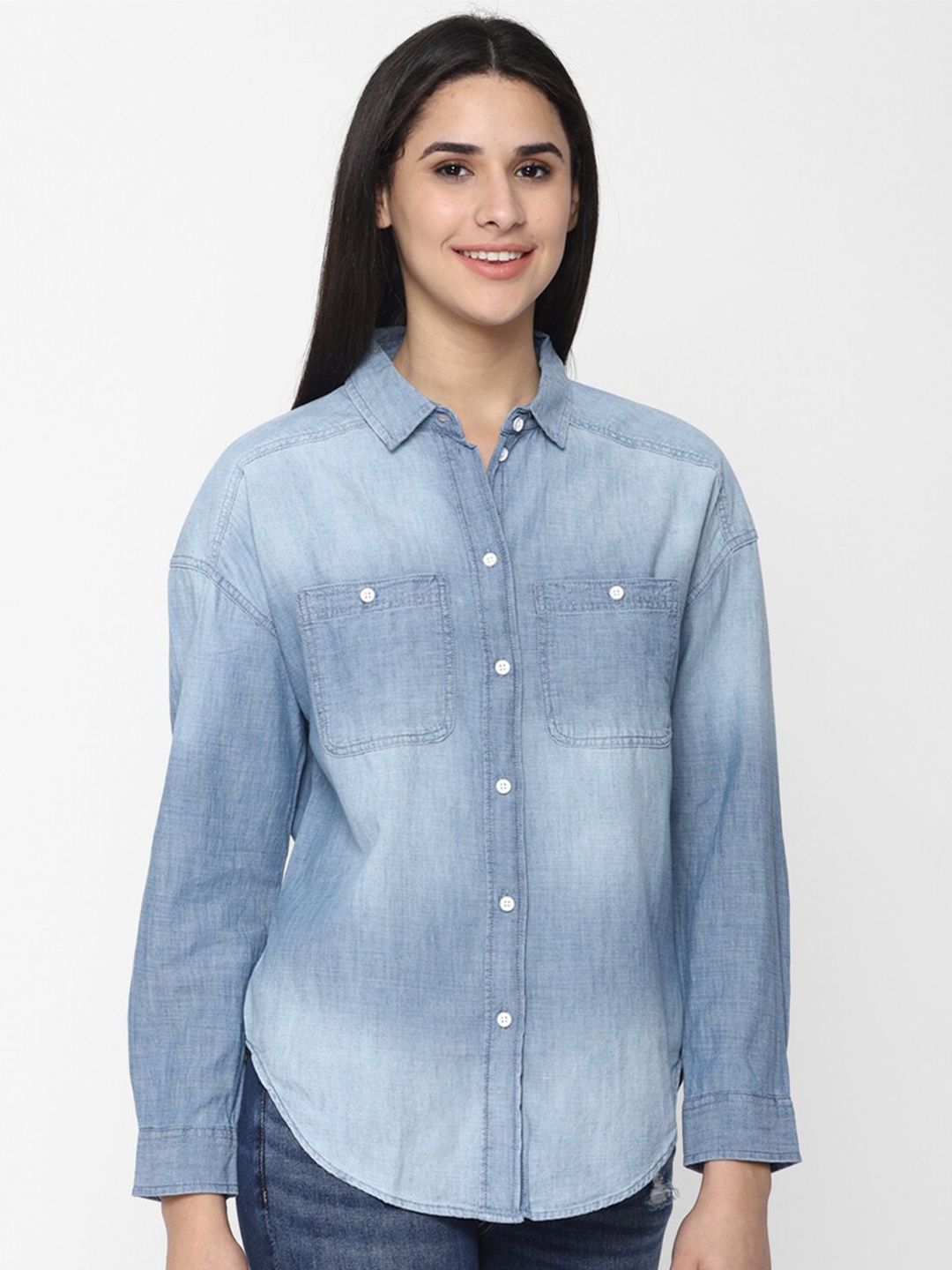 

AMERICAN EAGLE OUTFITTERS Women Faded Pure Cotton Casual Shirt, Blue