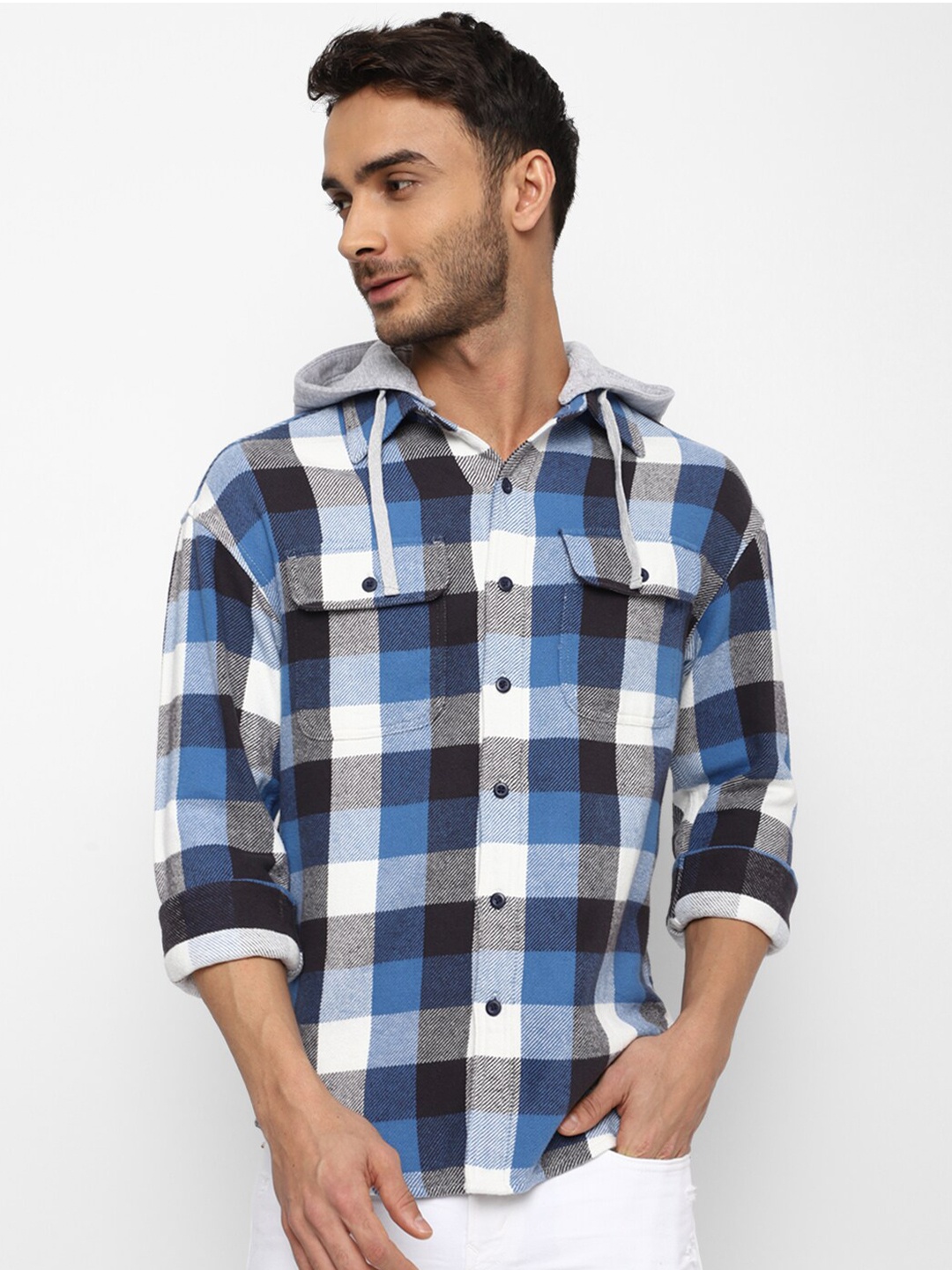 

AMERICAN EAGLE OUTFITTERS Men Checked Hooded Pure Cotton Sweatshirt, Blue