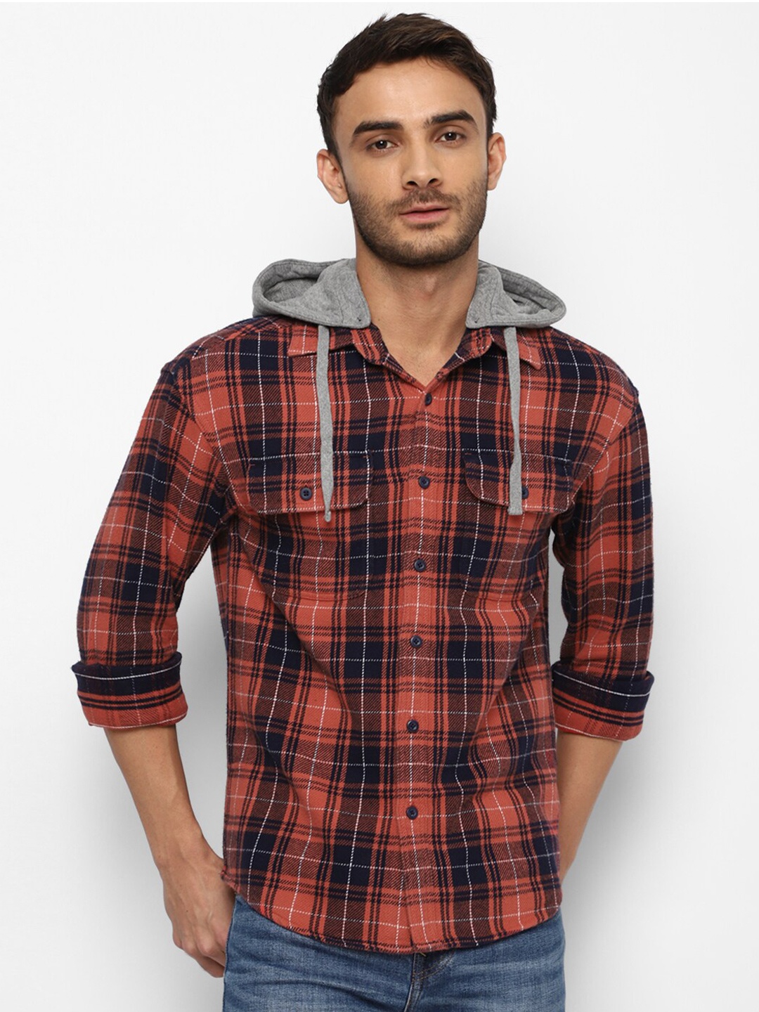 

AMERICAN EAGLE OUTFITTERS Men Checked Hooded Pure Cotton Sweatshirt, Red