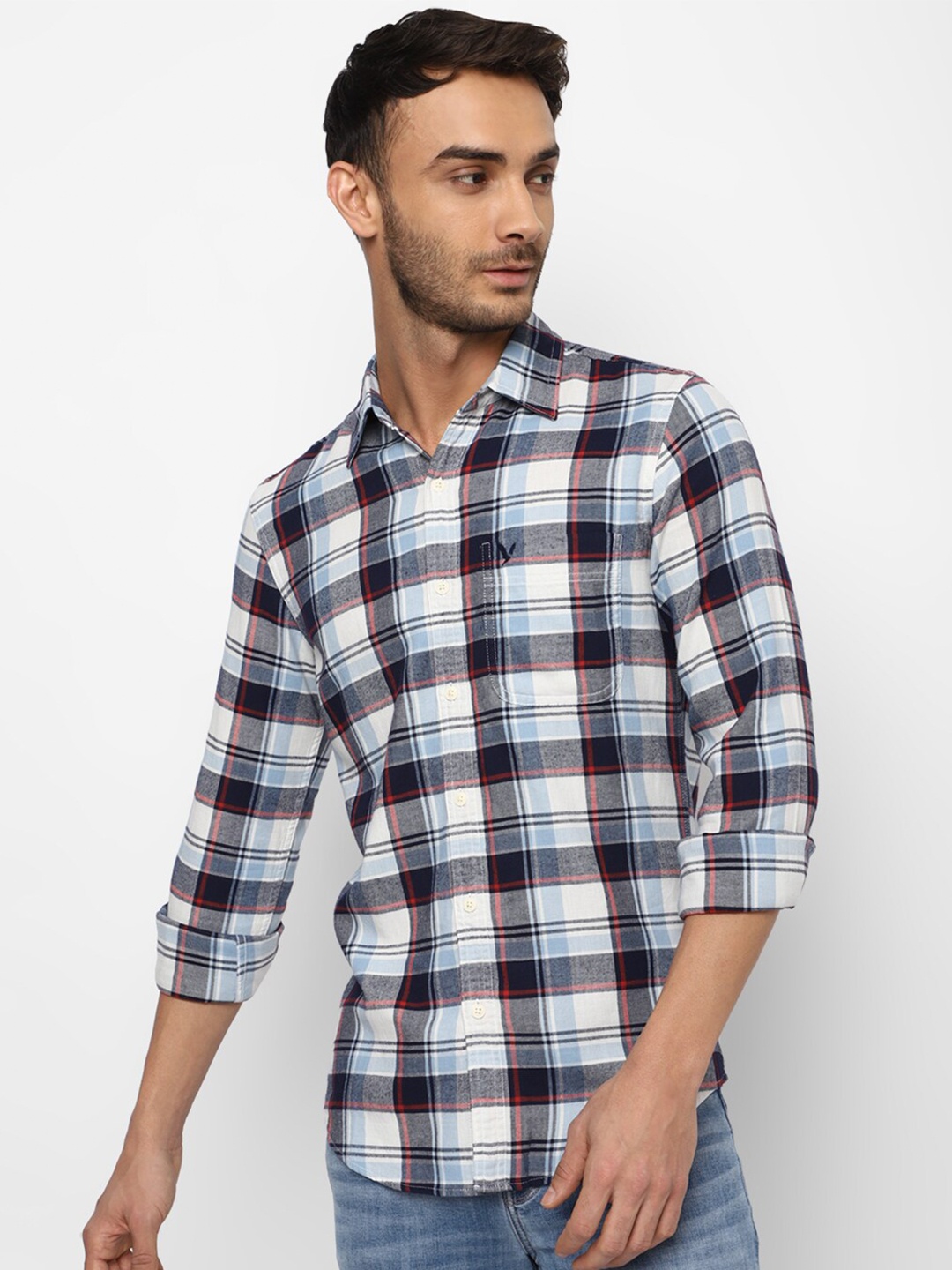 

AMERICAN EAGLE OUTFITTERS Men Slim Fit Tartan Checks Checked Pure Cotton Casual Shirt, Blue