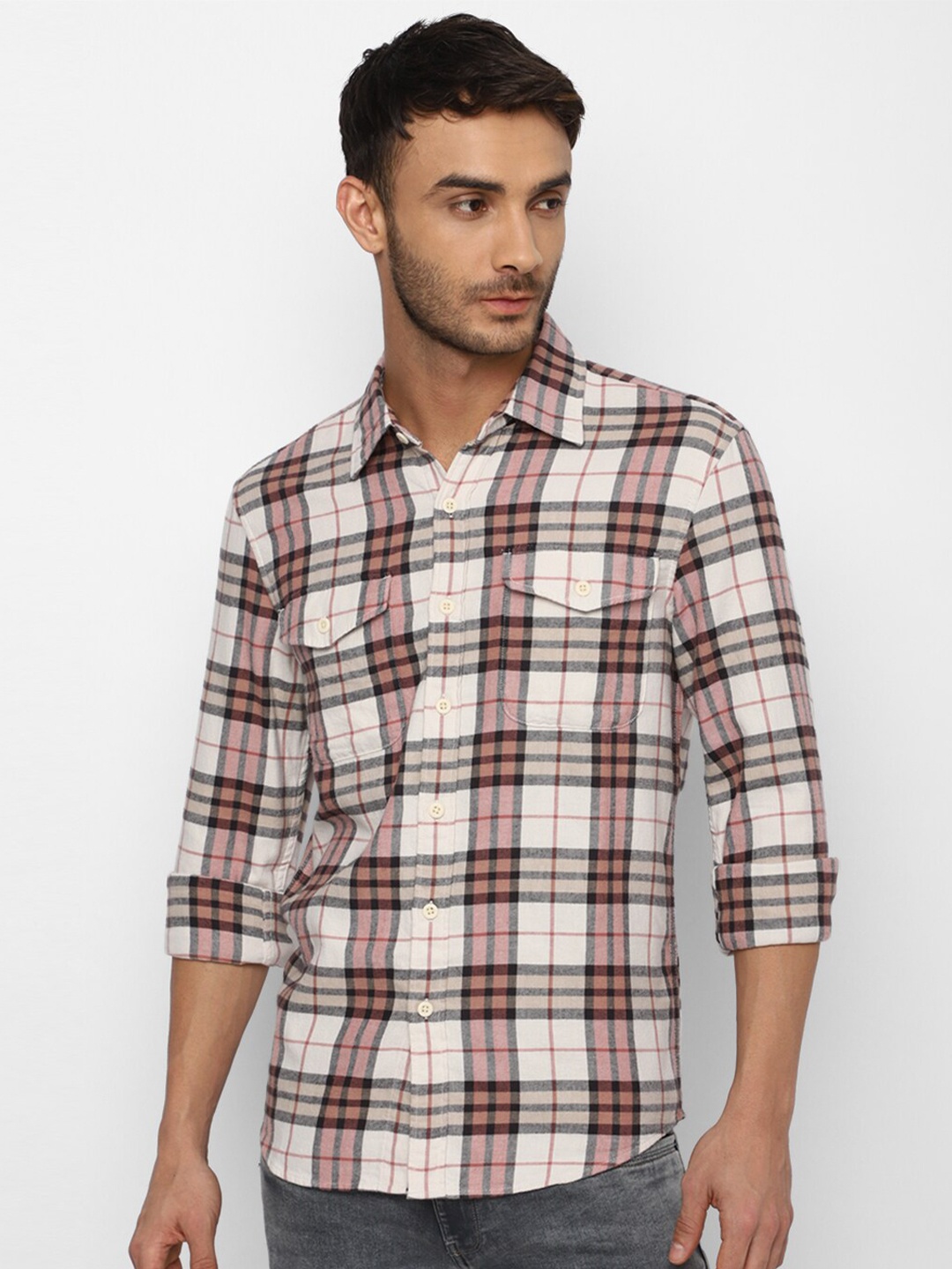 

AMERICAN EAGLE OUTFITTERS Men Tartan Checks Checked Pure Cotton Casual Shirt, White