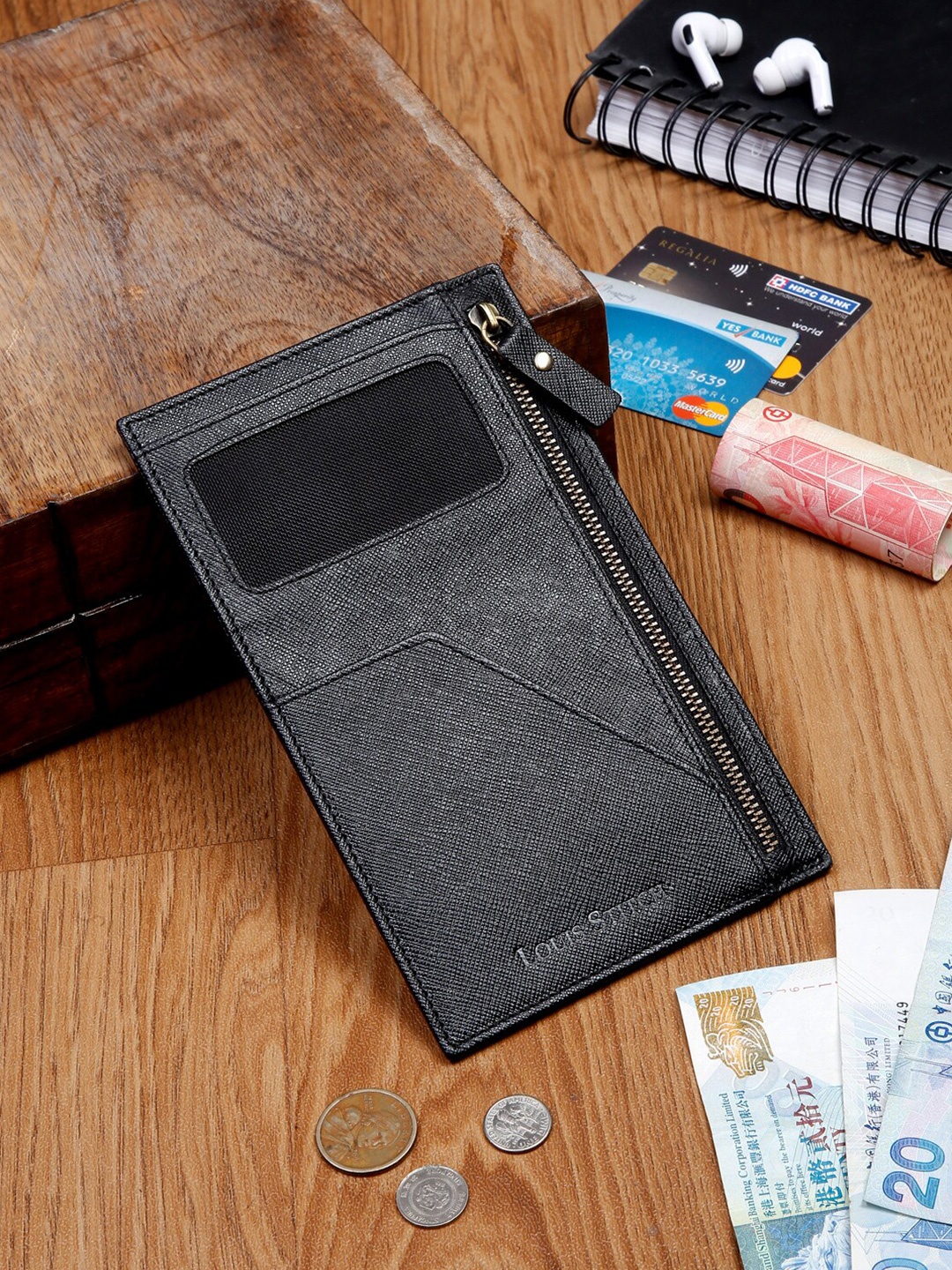 

LOUIS STITCH Saffiano Leather Black Passport Card Slim Wallet Purse for Men