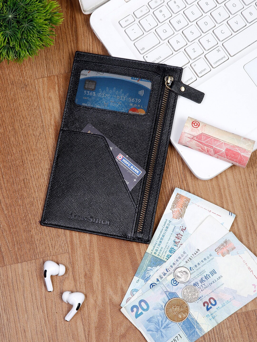 

LOUIS STITCH Men Saffiano Leather Black Passport Card Slim Wallet Purse
