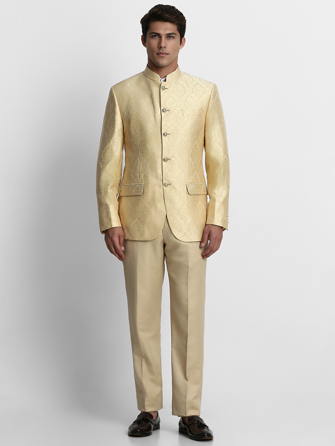 

Louis Philippe Men Ethnic Motifs Regular Fit Bandhgala 2 Piece Formal Suit, Beige