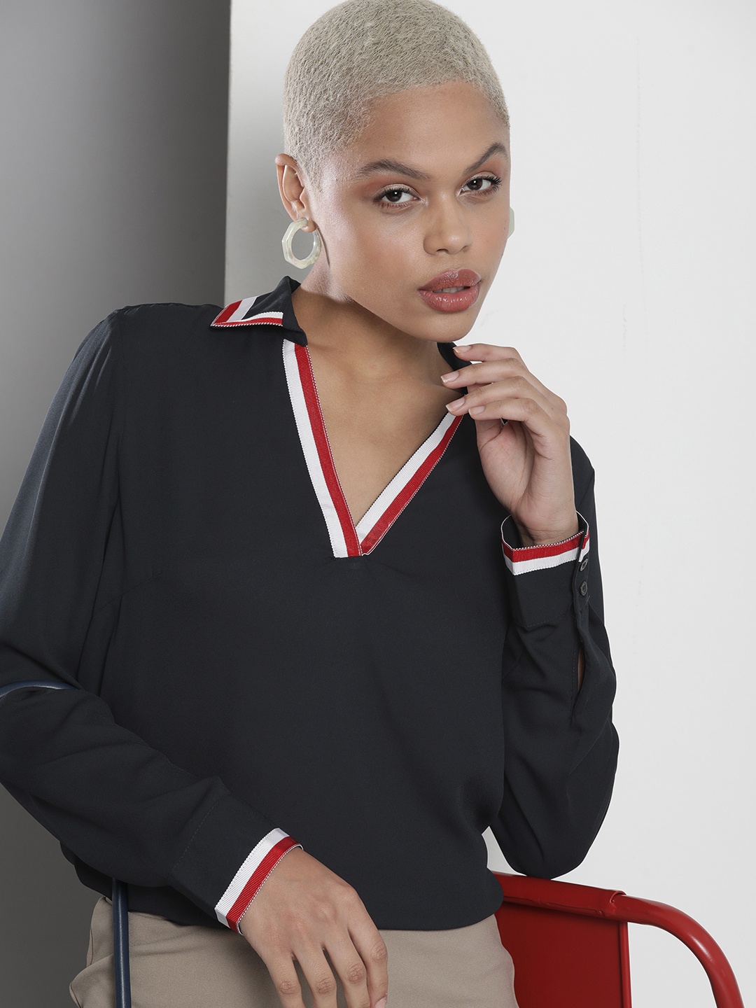 

Tommy Hilfiger V-Neck Long Sleeves Solid Top, Navy blue